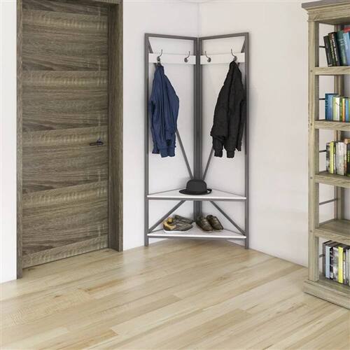 Back. SlickBlue - Modern Metal Hall Tree Coat Rack with White Seat & Shoe Storage Bench - Black, White.