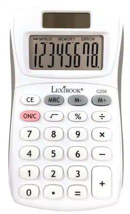 MINUS MEMORY ERROR 12345678 CE LEXIBOOK C208 MRC M- M+ ON/C % 7 8 9 x 4 5 6 - 1 2 3 = +