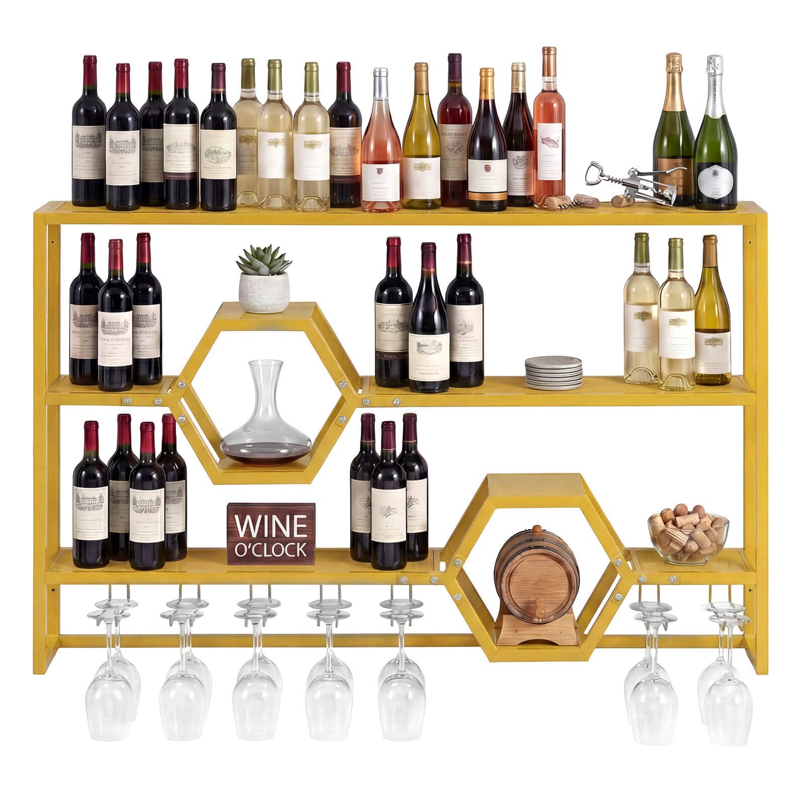 Costway - Wall Mounted Wine Rack 47" Large Floating Bar Shelves with Glass Holder for Kitchen - Gold
