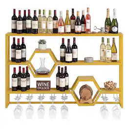 Costway - Wall Mounted Wine Rack 47" Large Floating Bar Shelves with Glass Holder for Kitchen - Gold
