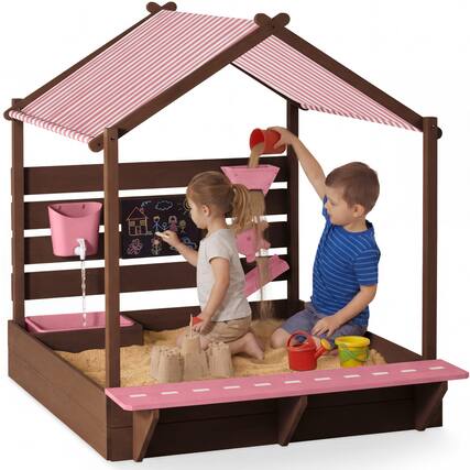 Front. Best Choice Products - Best Choice Products Sandbox w/ Canopy, Wooden Sand Box w/ Water Table, Bench Seat, Outdoor Kids Playset - Pink - Pink.