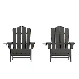 Emma + Oliver - Tiverton Set of 2 Adirondack Chairs with Cup Holders, Weather Resistant HDPE Adirondack Chairs - Gray