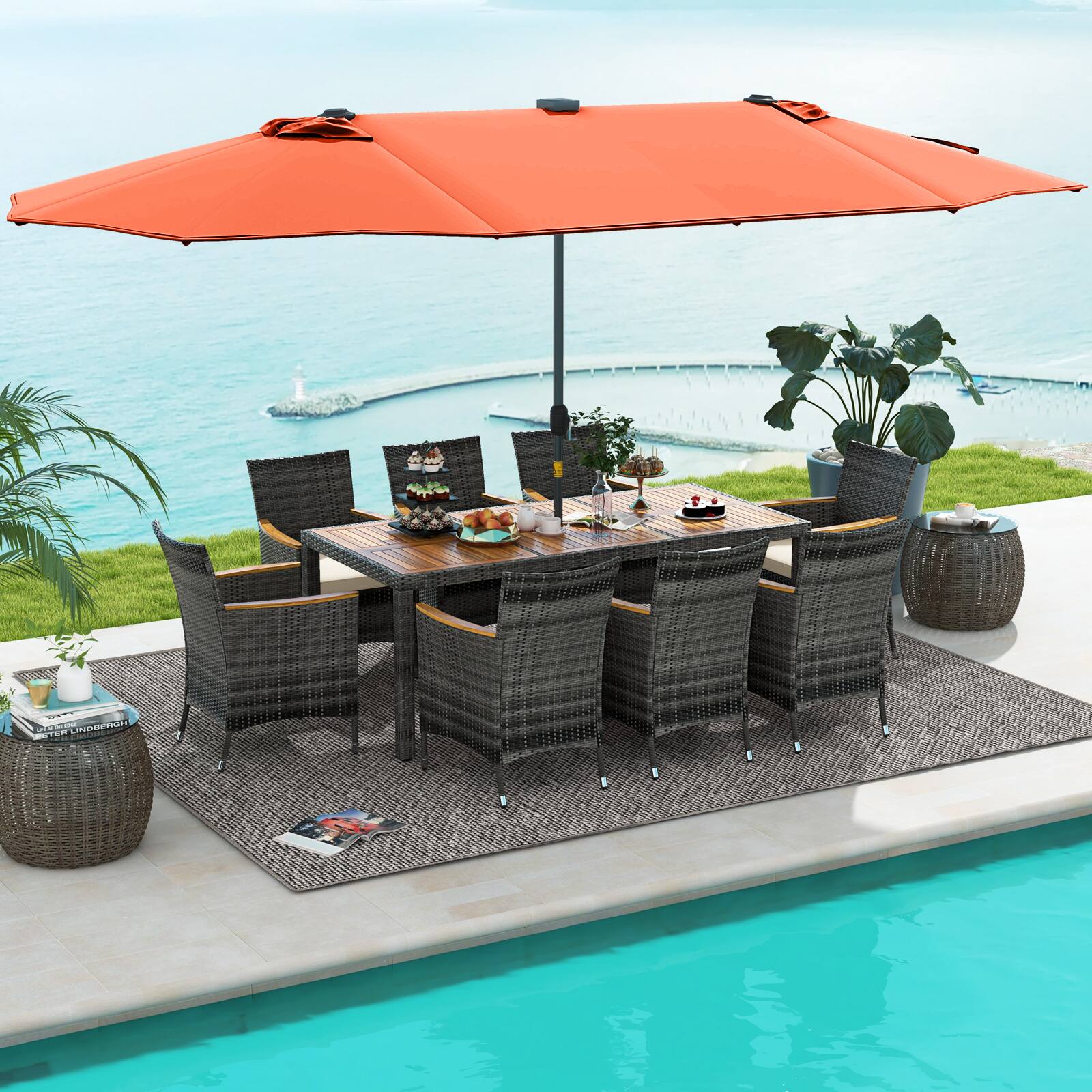 Alt View 1. Costway - 11 PCS Patio Dining Set with 15 ft Double-Sided Patio Umbrella 8 Armchairs - Mix Gray,Beige,Orange.