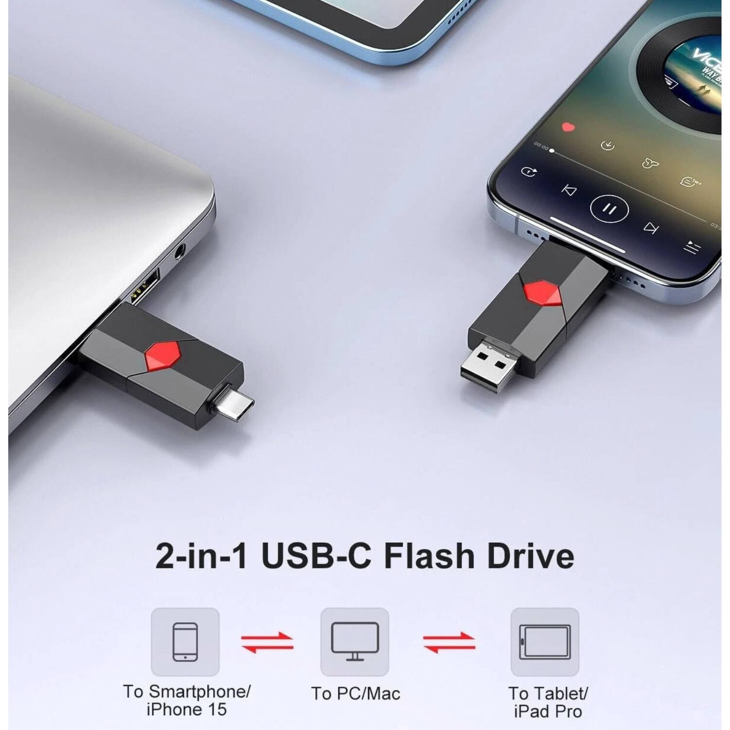 2-in-1 USB-C Flash Drive
To Smartphone/iPhone 15
To PC/Mac
To Tablet/iPad Pro