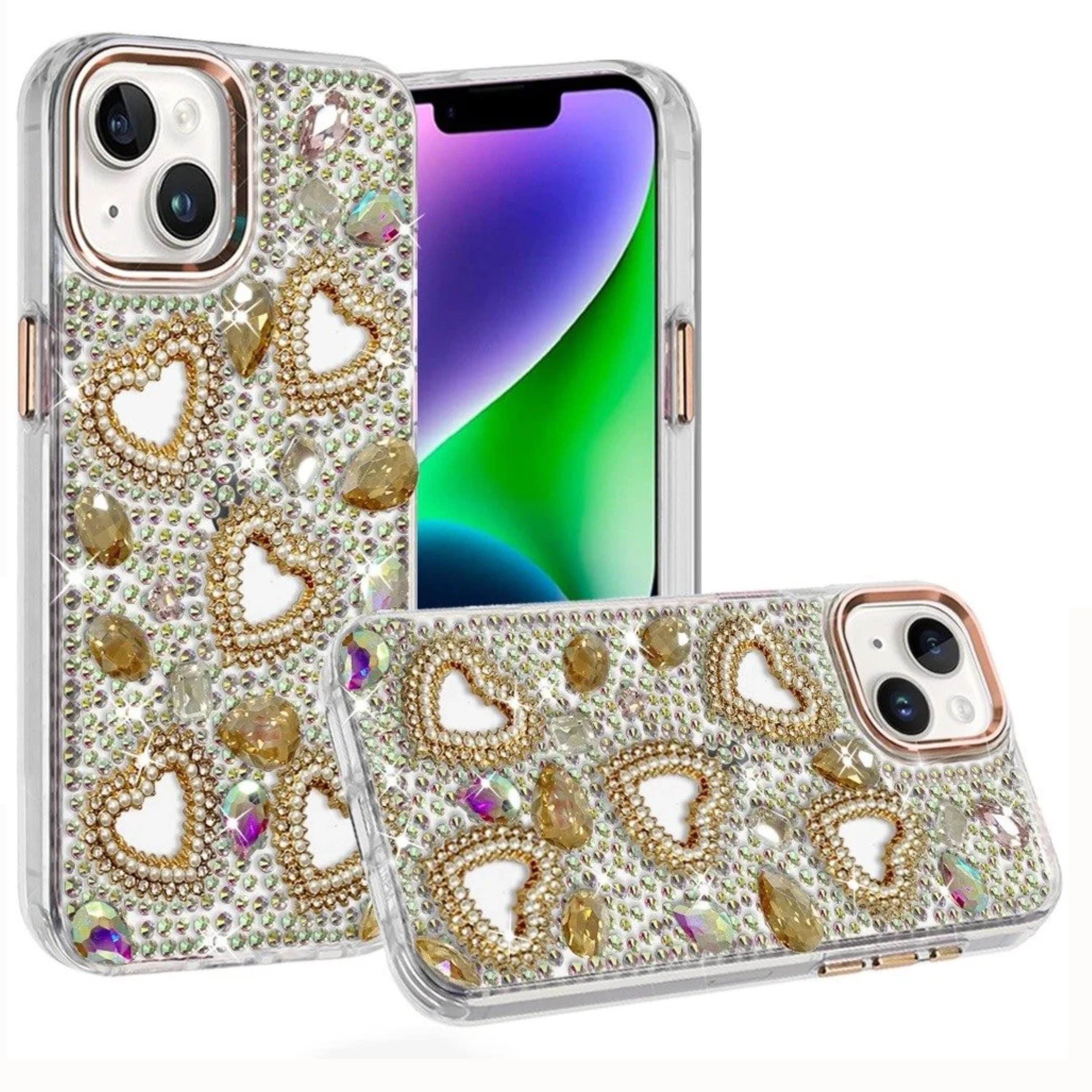 Kitcheniva - Full Bling Heart Rhinestone Case With Tempered Glass For iPhone 13 14 - Gold price history on PriceWatchPro