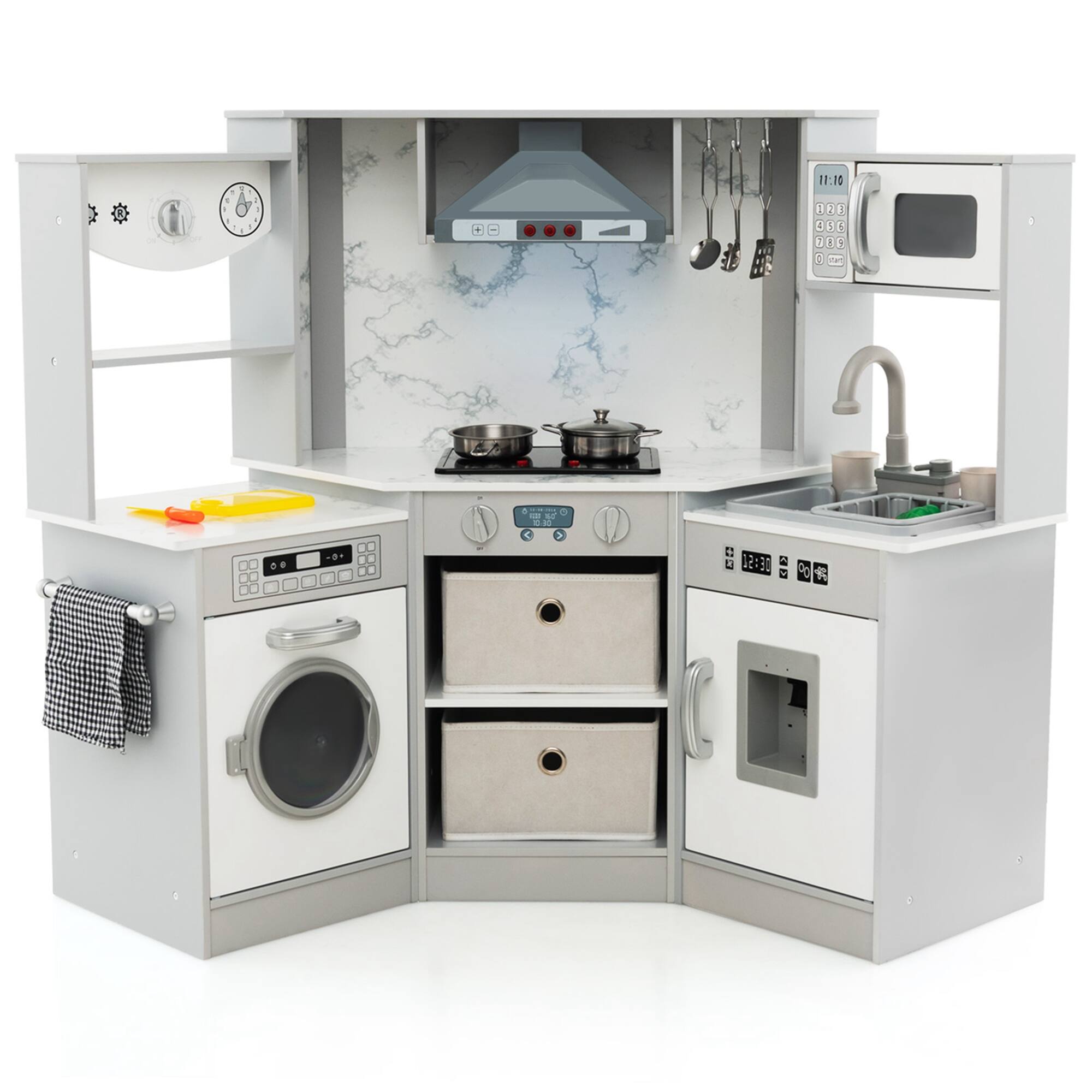 Costway - Wooden Kids Play Corner Kitchen with Realistic Lights & Sounds Lighted Range Hood - Gray