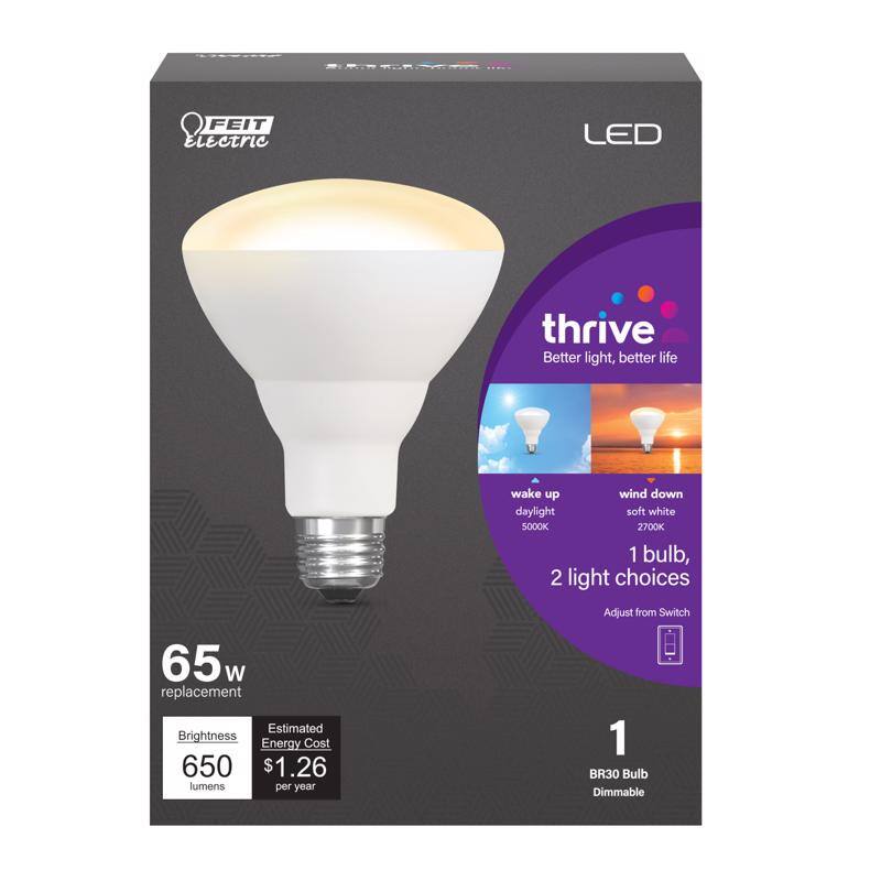 FEIT Electric LED Thrive  
Better light, better life  

Wake up: Daylight 5000K  
Wind down: Soft White 2700K  
1 bulb, 2 light choices  
Adjust from Switch  

65w Replacement  
Brightness: 650 lumens  
Estimated Energy Cost: $1.26 per year  

1 BR30 Bulb  
Dimmable