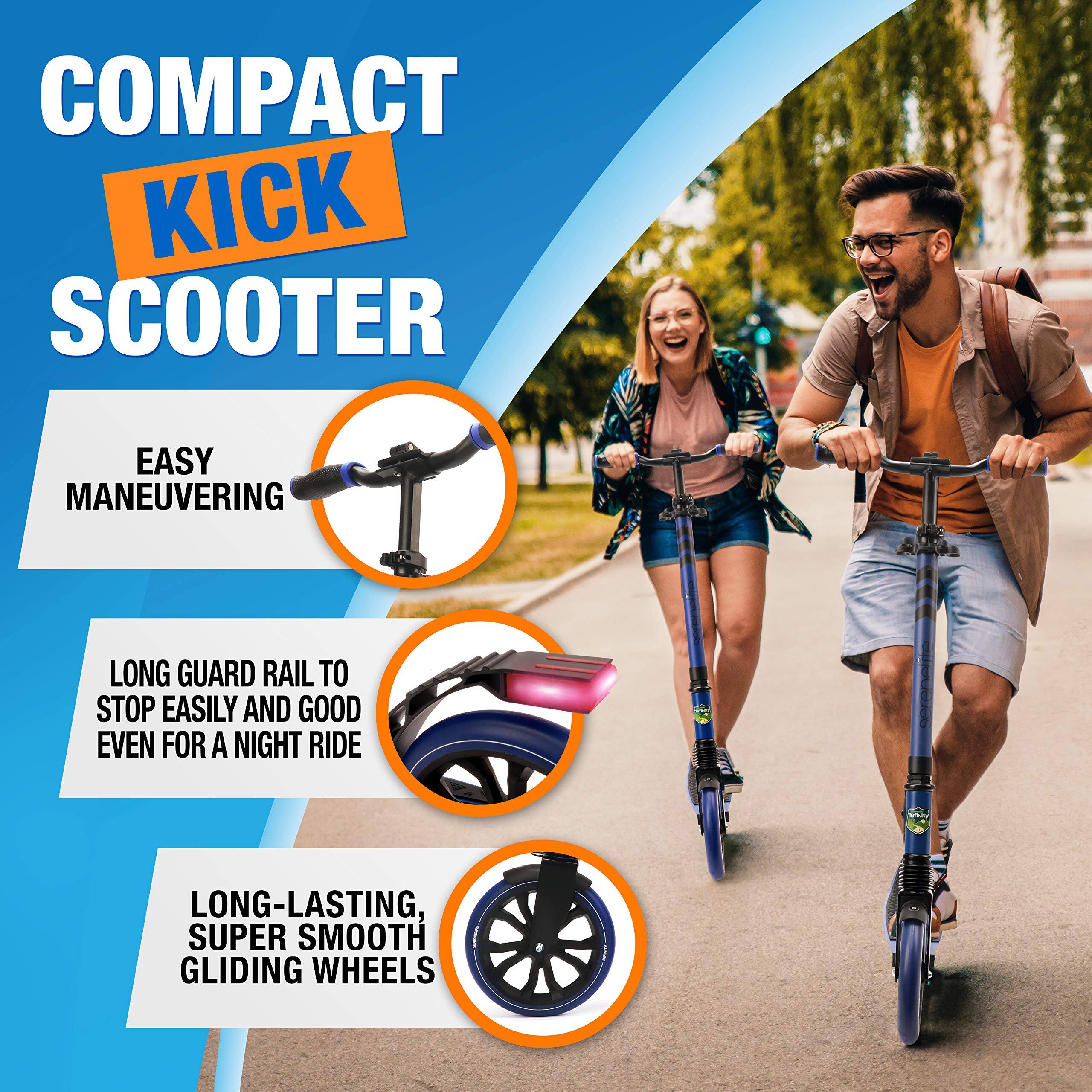 COMPACT KICK SCOOTER

- EASY MANEUVERING
- LONG GUARD RAIL TO STOP EASILY AND GOOD EVEN FOR A NIGHT RIDE
- LONG-LASTING, SUPER SMOOTH GLIDING WHEELS
