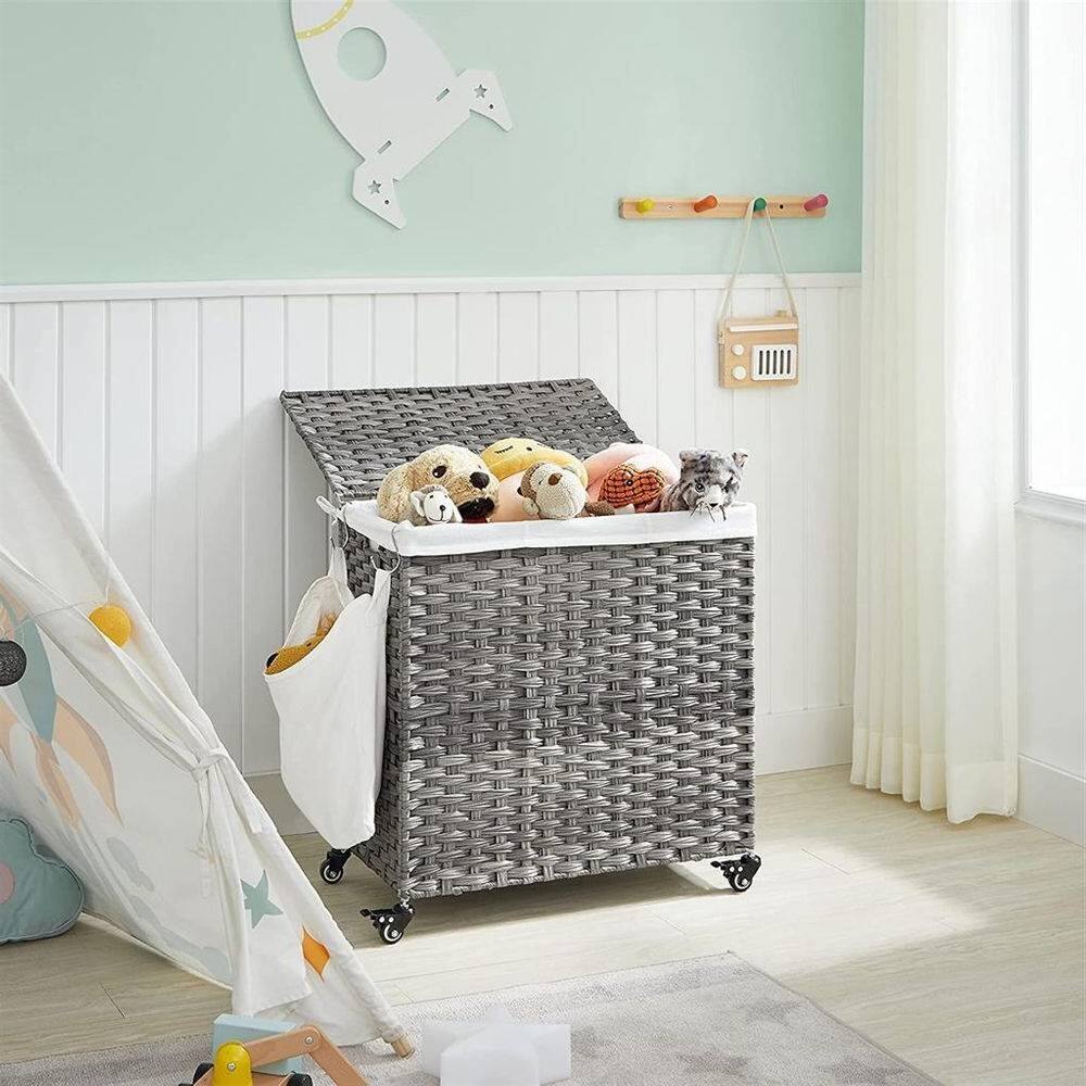 Angle. Hivvago - Handwoven Grey PP Rattan 3-Bag Laundry Basket Cart with Cotton Liner on Wheels - Gray.
