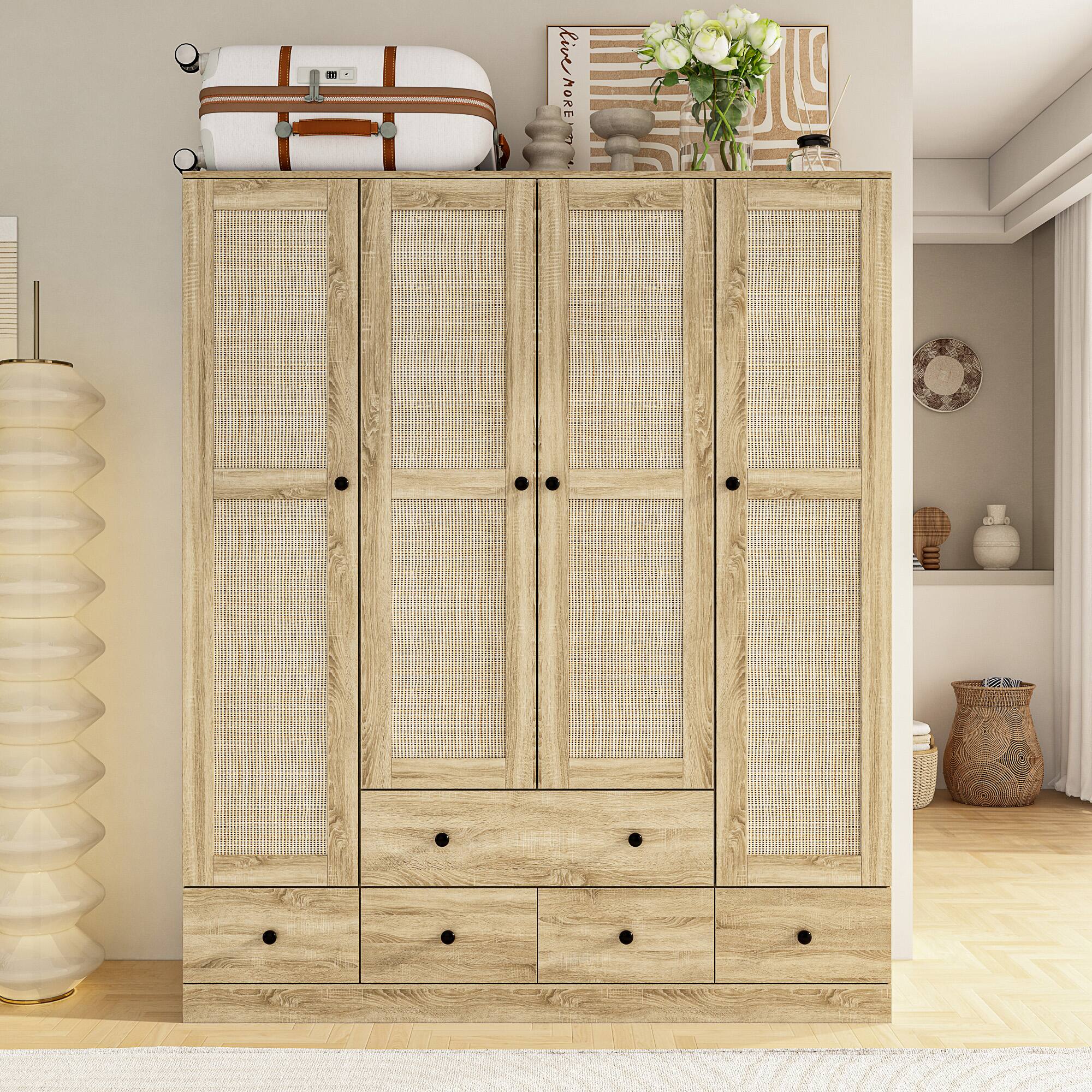 Famapy - Woven Rattan Wardrobe with Large Hanging Space, Multi-Shelf Storage & Drawers for Bedroom & Closet - Wooden