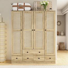 Famapy - Woven Rattan Wardrobe with Large Hanging Space, Multi-Shelf Storage & Drawers for Bedroom & Closet - Wooden