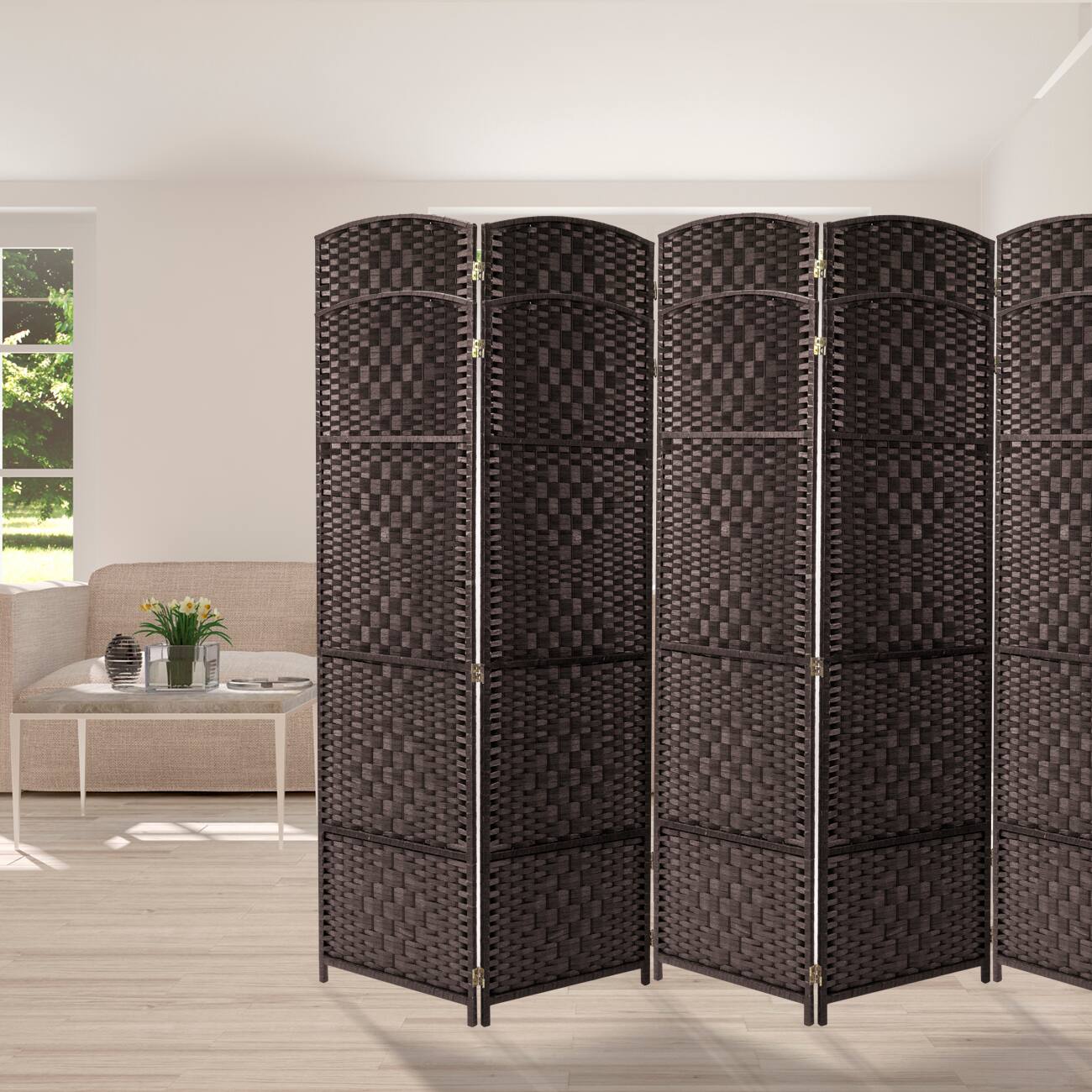 Angle. Sorbus - Sorbus 6 Panel Room Divider 6 ft. Tall - Privacy Screen, Extra Wide Double Hinged Panels, Diamond Double-Weaved - Brown.