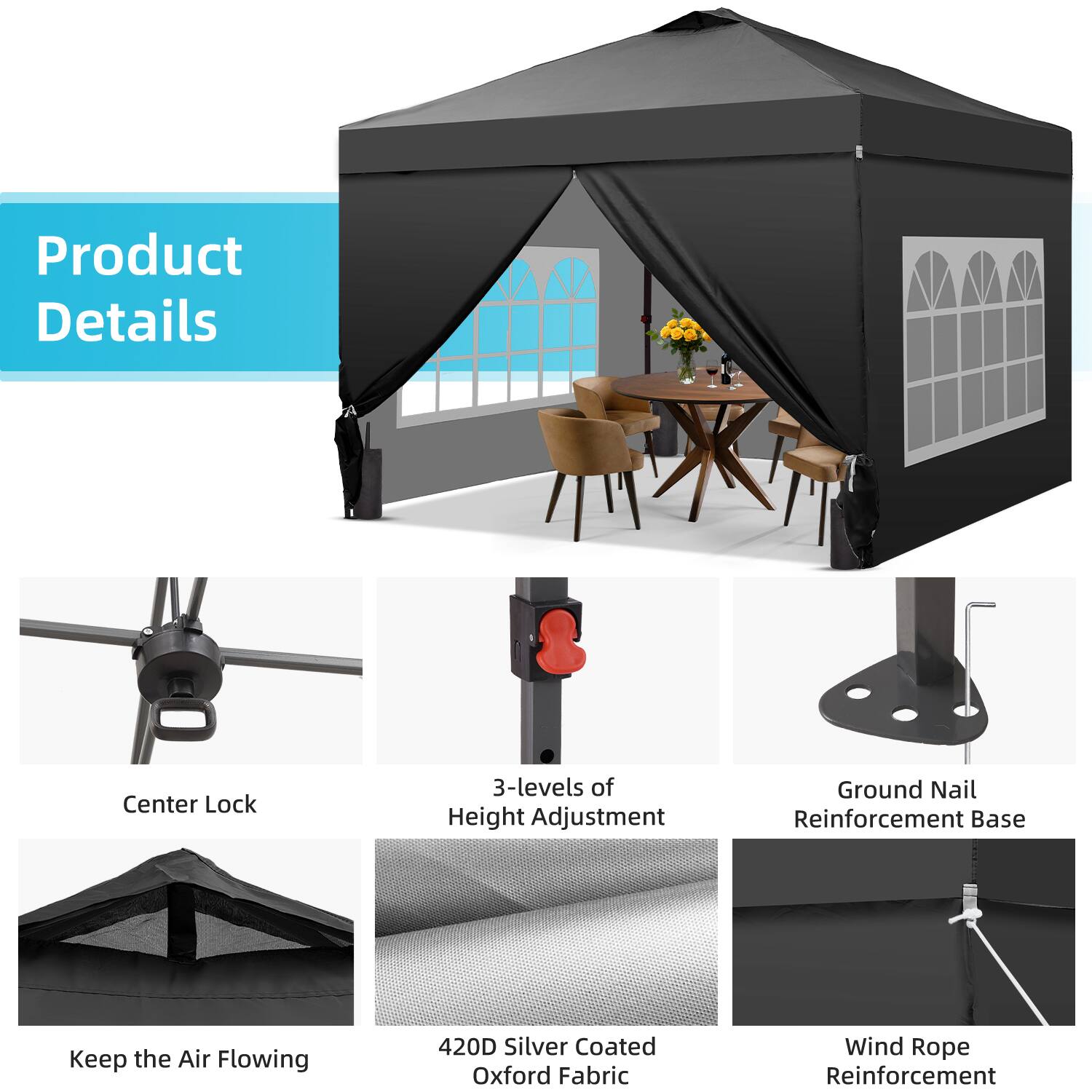 Product Details  
- Center Lock  
- 3-levels of Height Adjustment  
- Ground Nail Reinforcement Base  
- Keep the Air Flowing  
- 420D Silver Coated Oxford Fabric  
- Wind Rope Reinforcement