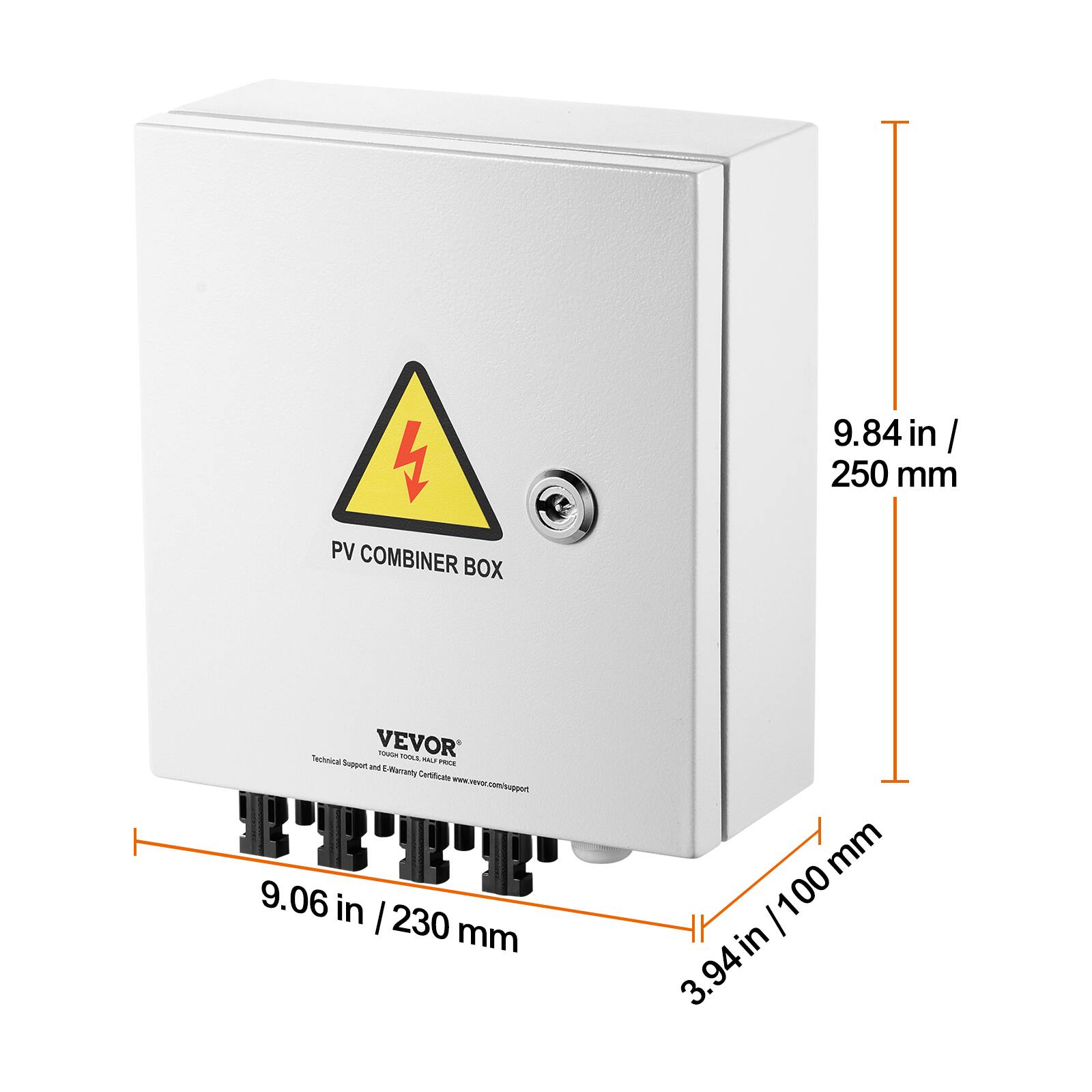 9.84 in / 250 mm PV COMBINER BOX  
VEVOR  
Technical Support and E-Warranty Certificates: www.vevor.com/support  

9.06 in / 230 mm  
3.94 in / 100 mm