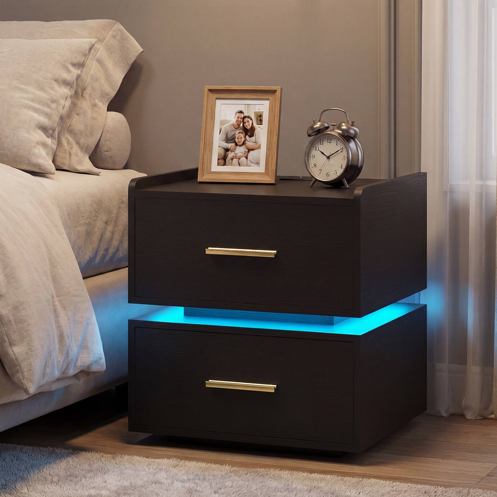 Alt View 4. Costway - Costway 1 PCS Nightstand with Charging Station,LED Bedside Table with 2 Storage Drawers - Black.