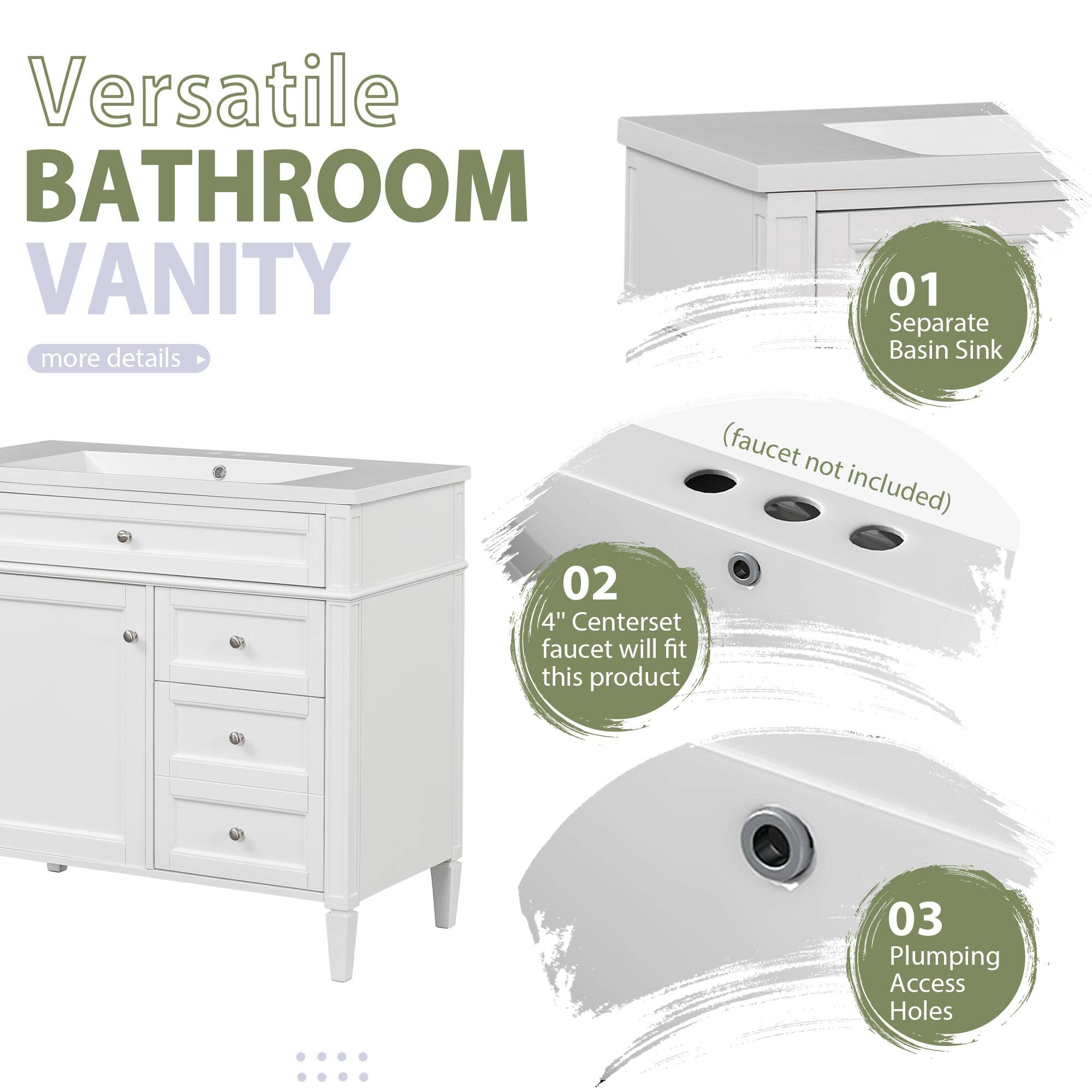 Versatile BATHROOM VANITY  
more details  

01 Separate Basin Sink (faucet not included)  
02 4" Centerset faucet will fit this product  
03 Plumbing Access Holes