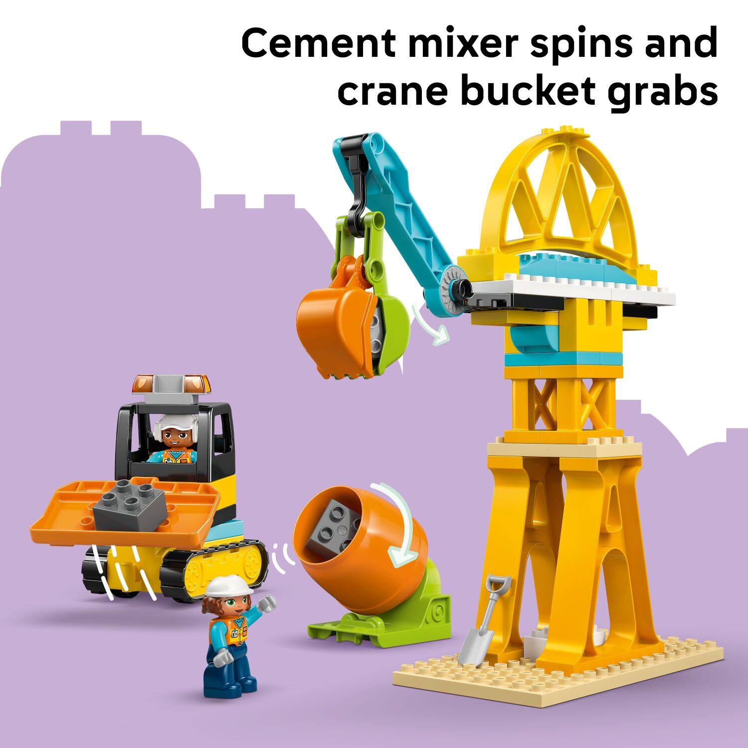 Cement mixer spins and crane bucket grabs