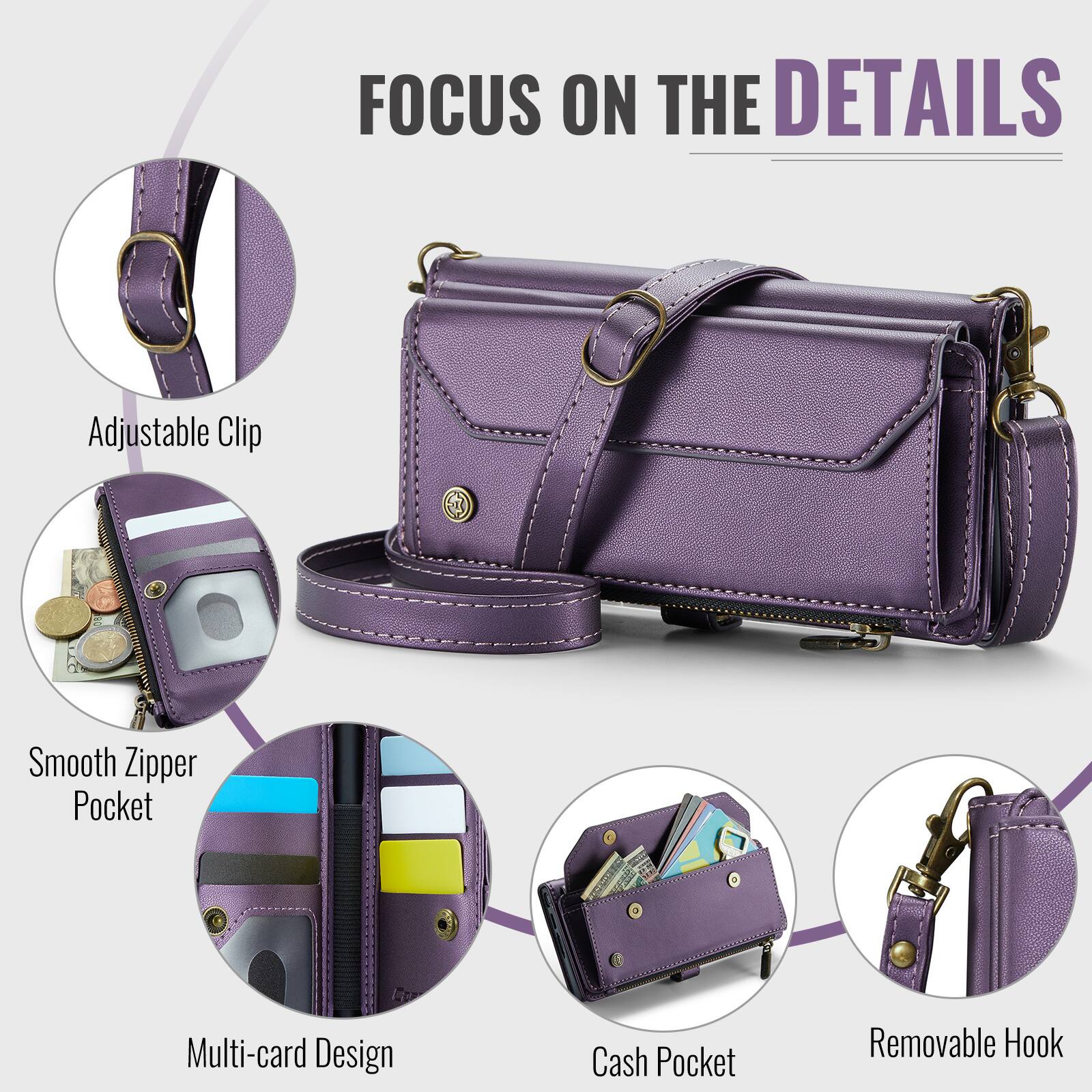 FOCUS ON THE DETAILS

Adjustable Clip
Smooth Zipper Pocket
Multi-card Design
Cash Pocket
Removable Hook