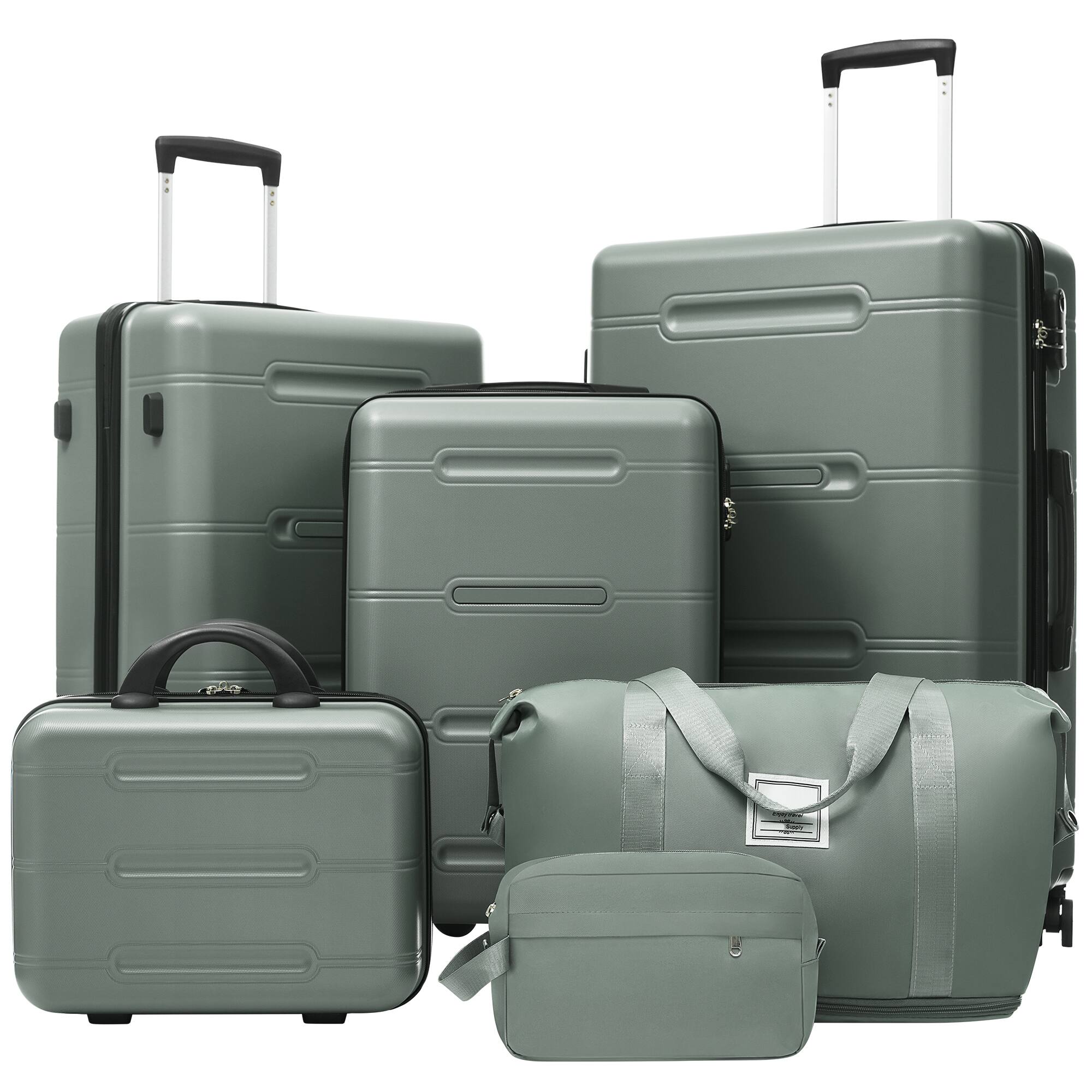 Alt View 9. Ecooso - 6-Piece ABS Hard Shell Luggage Set with Double Spinner Wheels, Password Lock, 14" Case, Duffel & Toiletry Bag - Army Green.