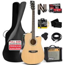 Pyle - Cutaway Acoustic Electric Guitar & Amp Kit, Full Size, Spruce Body, 10W Amp, Gig Bag, Strings - PEAGKT100 - Natural Gloss