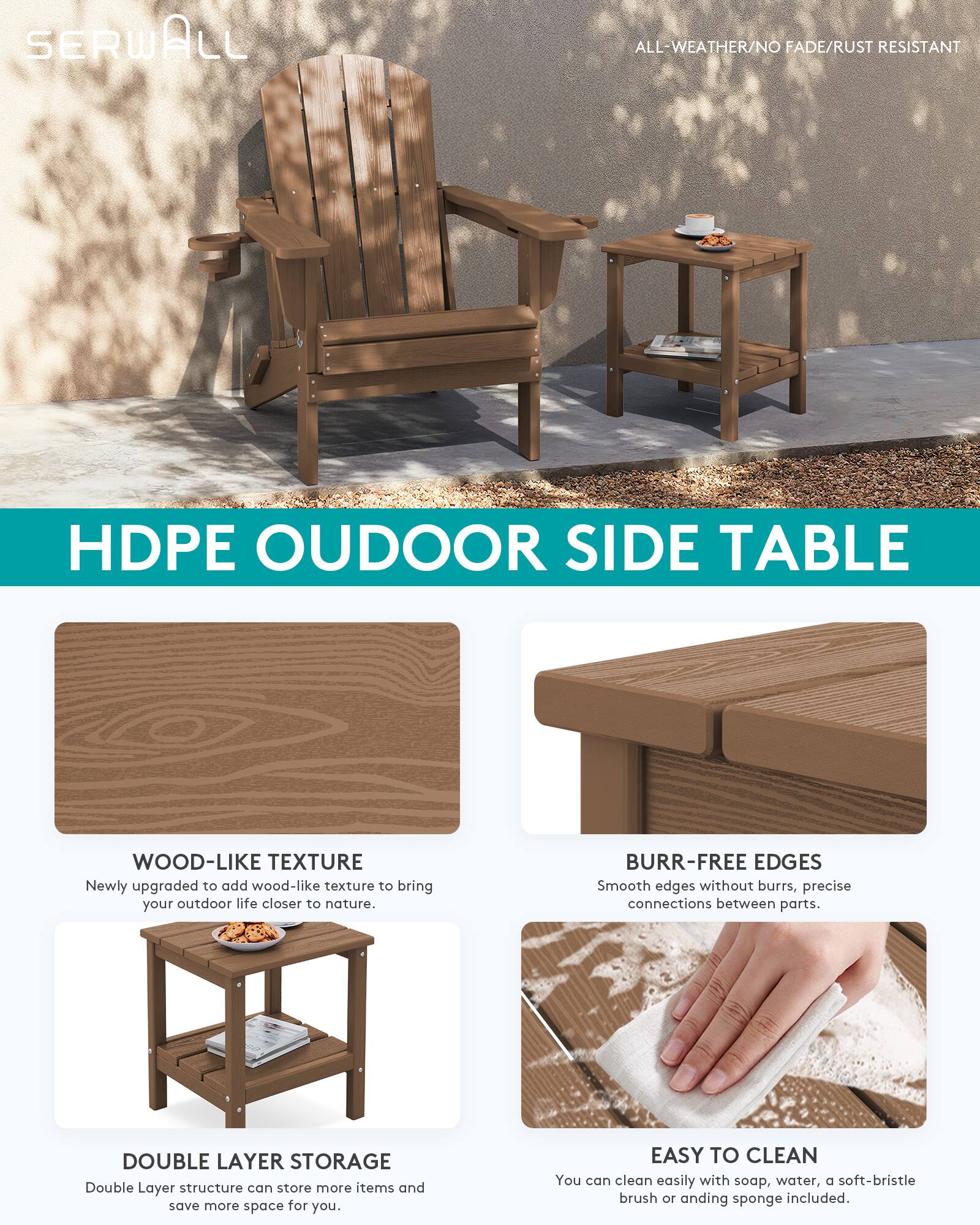 SERWALL HDPE Double Layer Outdoor Side Table, All Weather Adirondack ...
