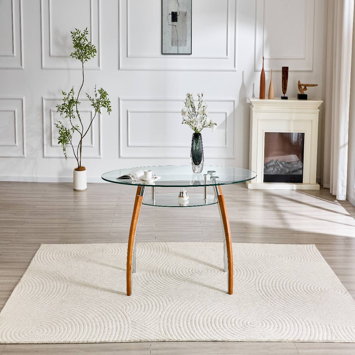 Alt View 1. Loheer - Loheer Oval Glass Coffee Table with Two-Tier Storage Shelf, Mid-Century Modern Design - Oak.