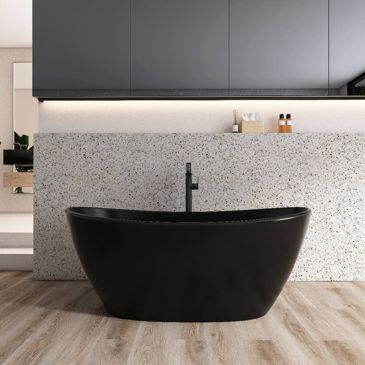 Front. Loheer - Loheer 61 in Freestanding Solid Surface Soaking Bathtub, Matte Black Oval Tub with Center Drain - Black.