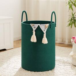 Dapper Styles - Laundry Basket Woven Cotton Rope Hamper 60l For Decor Storage Of Dirty Clothes Toys And Blankets In Bathroo - Dark green-40L