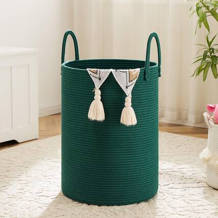 Front. Dapper Styles - Laundry Basket Woven Cotton Rope Hamper 60l For Decor Storage Of Dirty Clothes Toys And Blankets In Bathroo... - Dark green-60L.