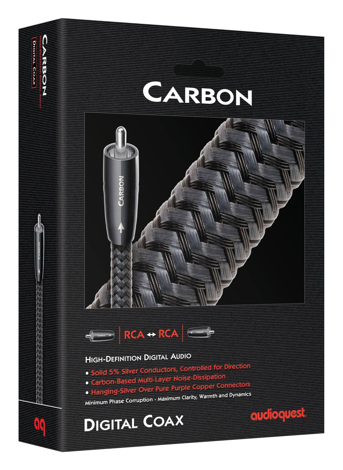 DIGITAL COAX | CARBON  
CARBON CORE  
RCA - RCA  

High-Definition Digital Audio  
- Solid 5% Silver Conductors  
- Carbon-Based Multi-Layer Noise-Dissipation  
- Hanging-Silver Over Pure Purple Copper Connectors  

Controlled for Direction  
Minimum Phase Corruption - Maximum Clarity, Warmth and Dynamics  

audioquest