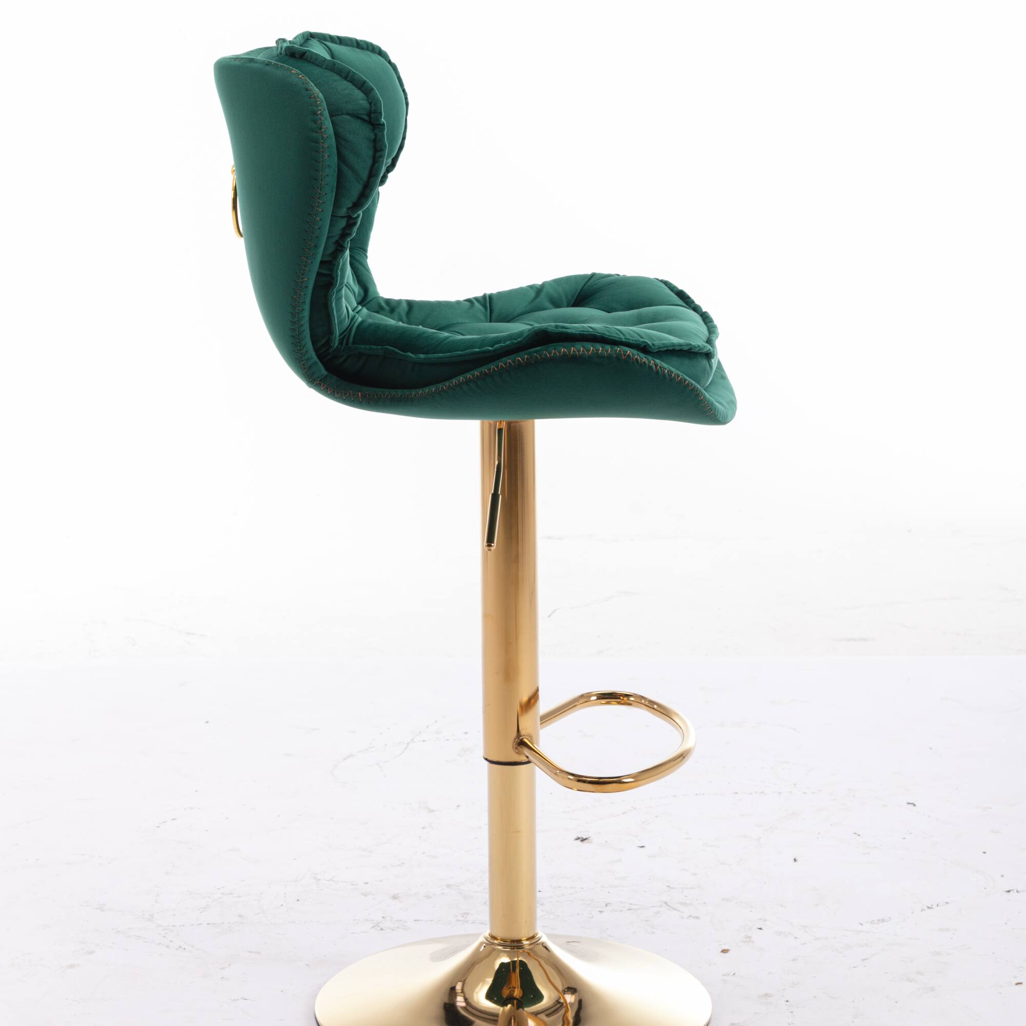 Left. GOODSILO - Set of 2 Adjustable Swivel Bar Stools with Chrome Footrest and Velvet Upholstery - Green.