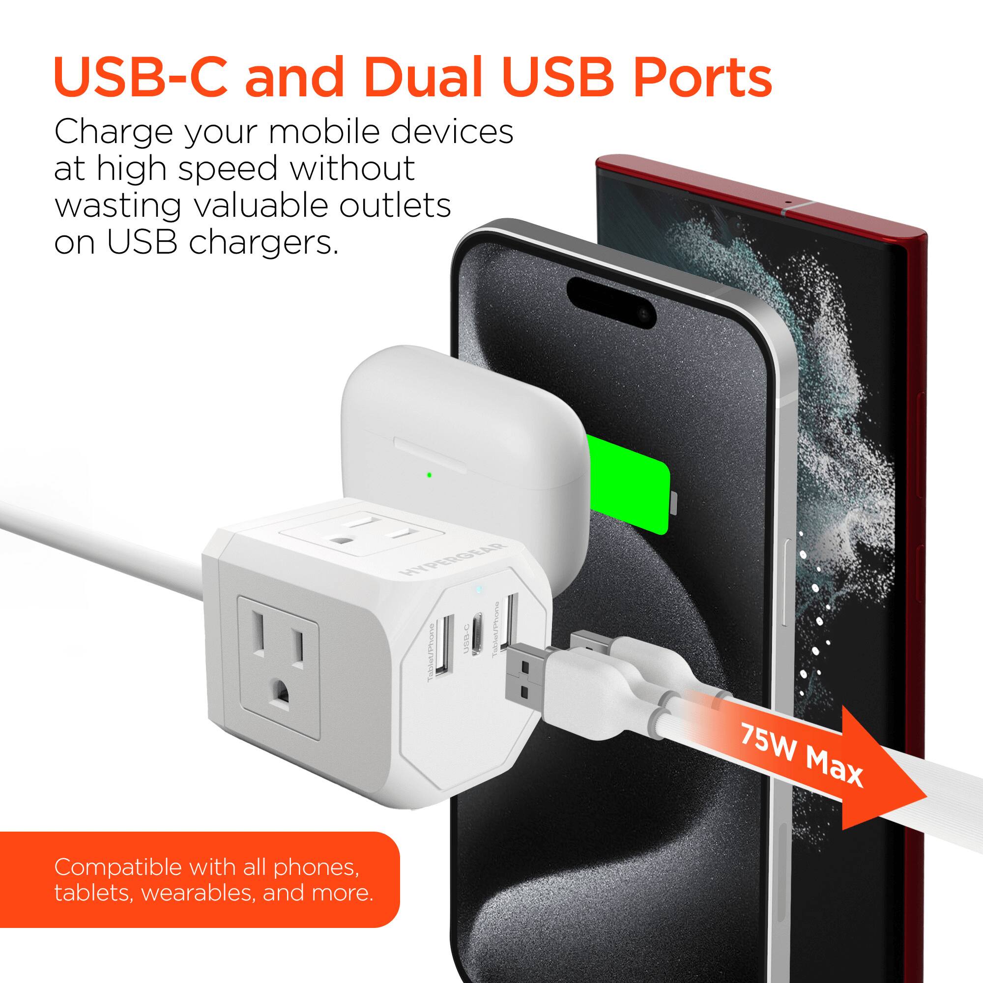 USB-C and Dual USB Ports  
Charge your mobile devices at high speed without wasting valuable outlets on USB chargers.  
HYPERGEAR USILG 75W Max  
Compatible with all phones, tablets, wearables, and more.