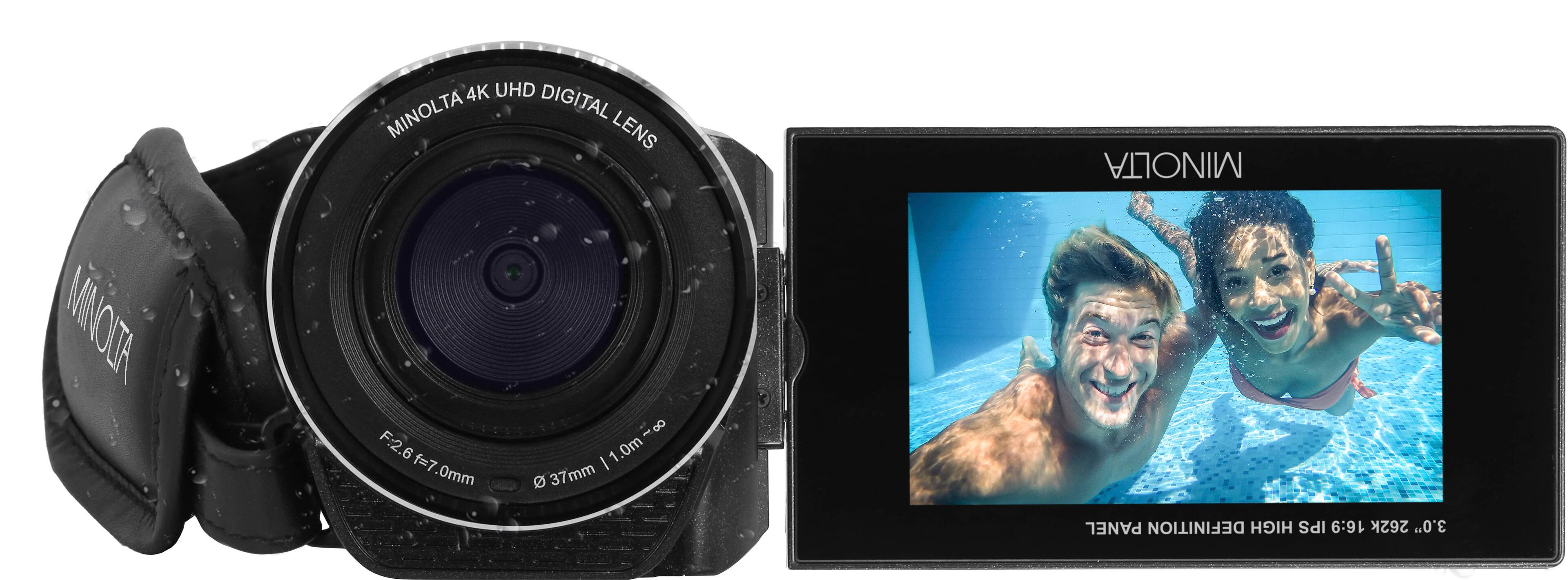 The image features a Minolta digital lens with a 6mm focal length, and a 1.0m-1.0m field of view. The lens is designed for 4K UHD resolution and has a high IPS panel definition. The image also shows a picture of a man and a woman in a pool, with the lens capturing the scene.