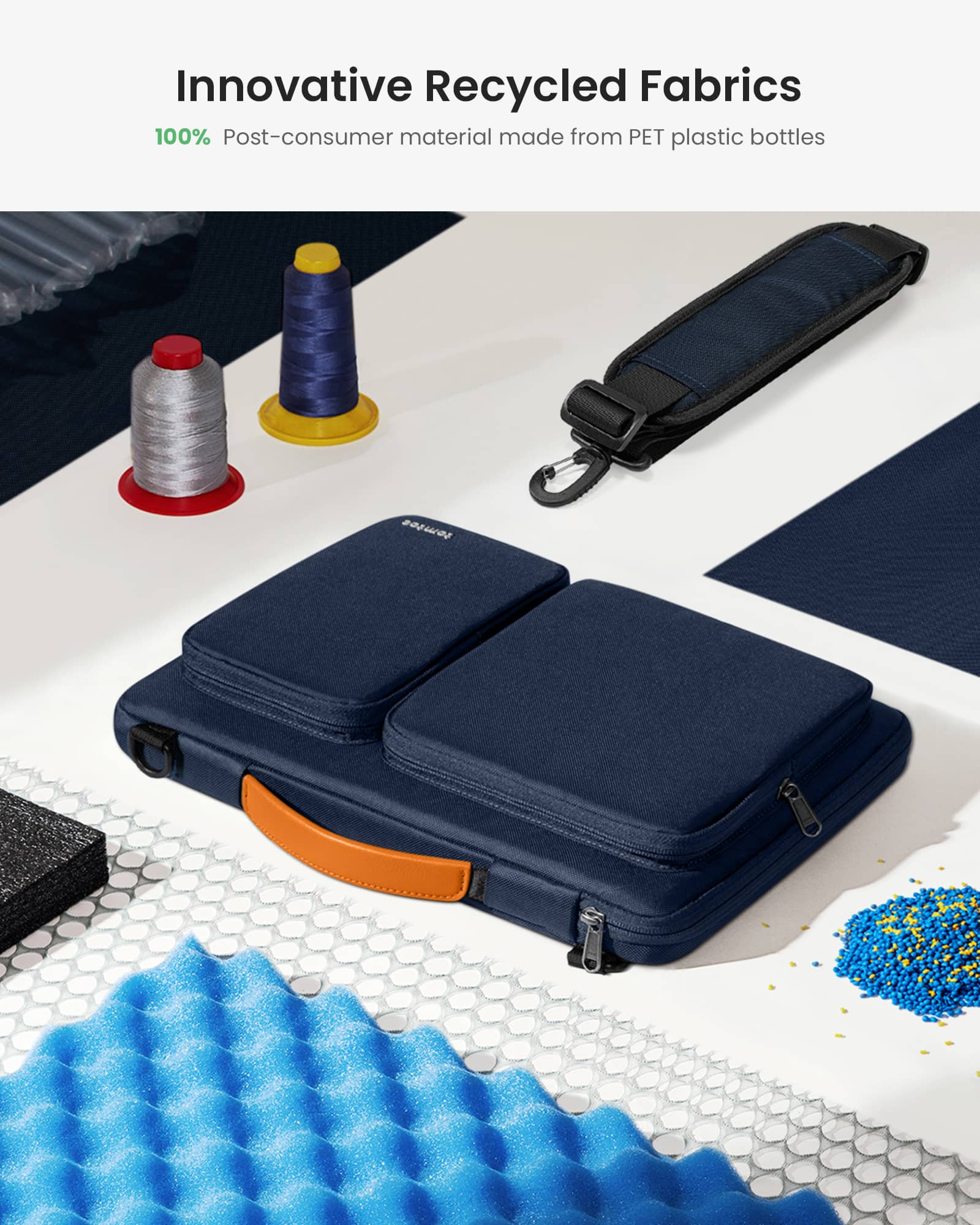 Innovative Recycled Fabrics: 100% Post-consumer material made from PET plastic bottles.