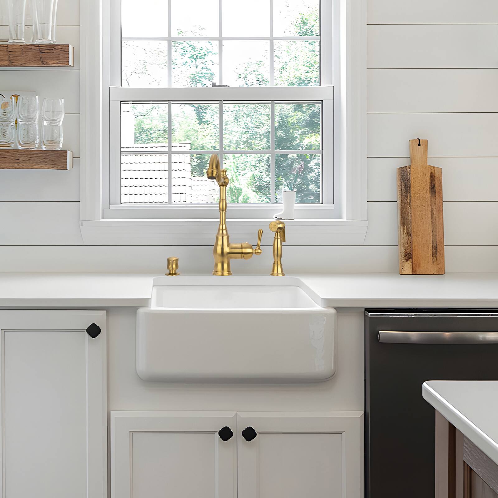 Alt View 3. Akicon - Akicon Solid Brass One-Handle 360° Swivel Widespread Kitchen Faucet with Side Spray in Brushed Gold - Brushed Gold.