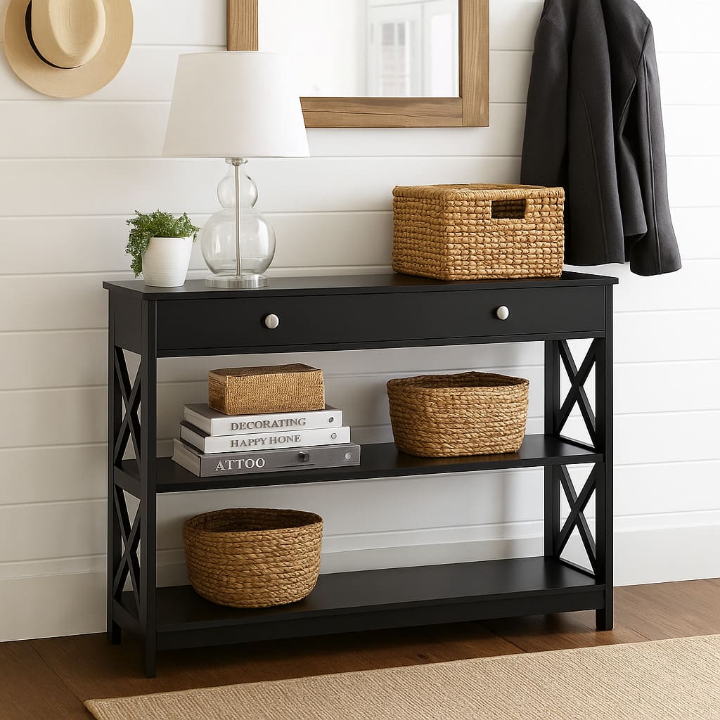 Hivvago - Contemporary 3-Tier Table with Drawer and Multi-Level Storage - Black