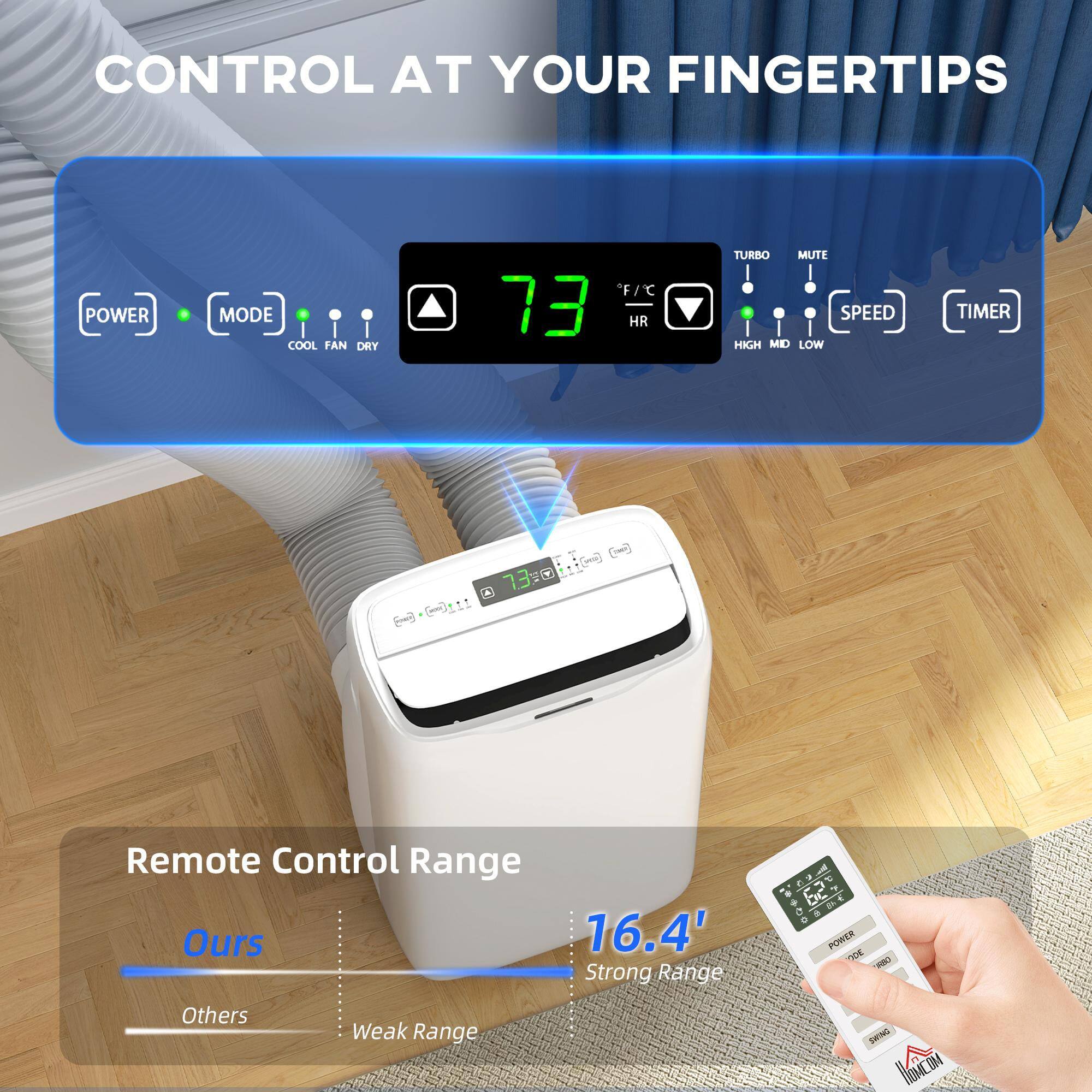 CONTROL AT YOUR FINGERTIPS

POWER MODE COOL FAN DRY F/C 13 HR TURBO MUTE SPEED HIGH MD LOW TIMER

Remote Control Range

Ours: 16.4' Strong Range

Others: Weak Range