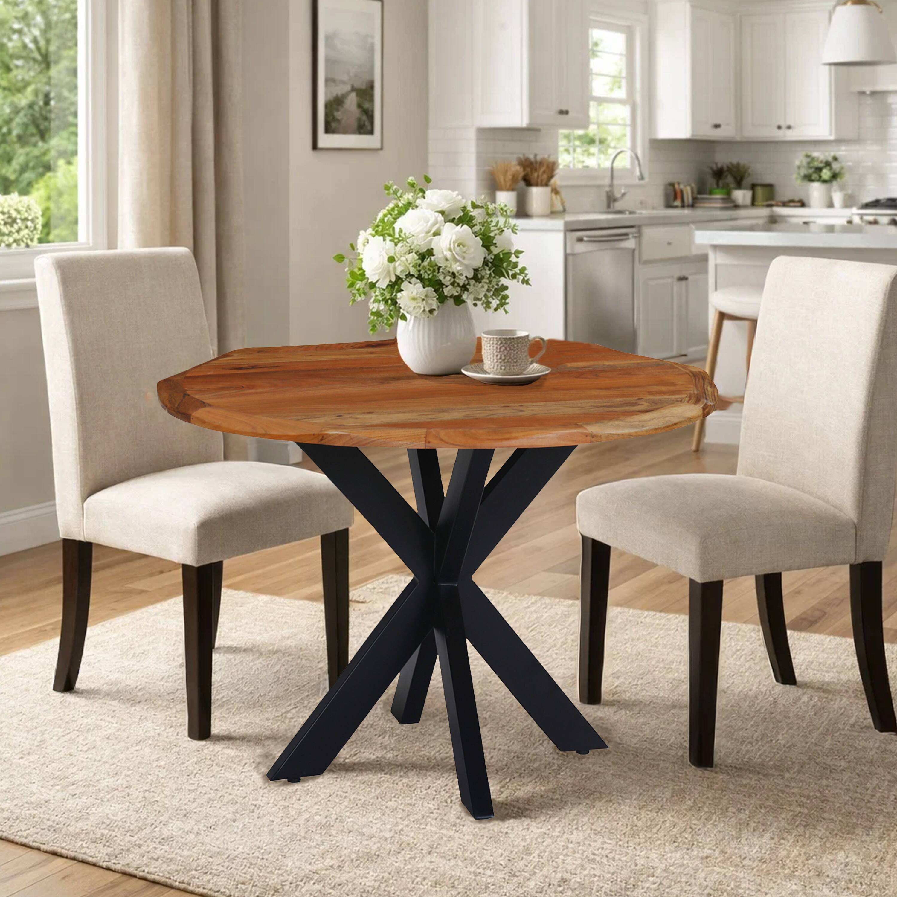Alt View 7. Manhattan Lane - Kuri 41 Inch Handcrafted Live Edge Round Dining Table with a Natural Brown Acacia Wood Top and Black Iron Legs - Brown, Black.