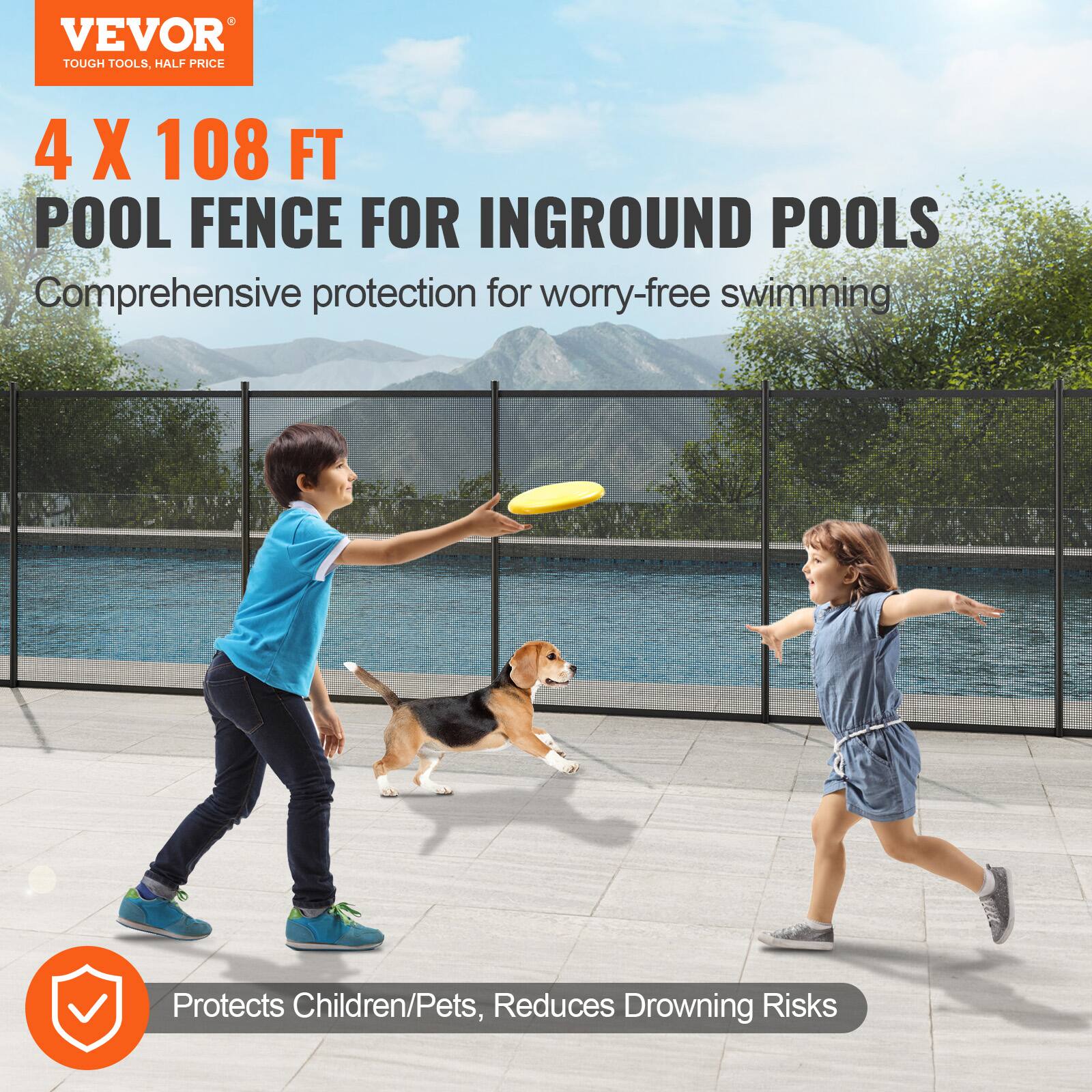 VEVOR TOUGH TOOLS, HALF PRICE
4 X 108 FT POOL FENCE FOR INGROUND POOLS
Comprehensive protection for worry-free swimming
Protects Children/Pets, Reduces Drowning Risks