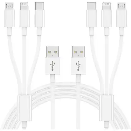 Front. PARKER SLATER - 3 in 1 multi charger cable, 6ft USB-A to Lightning, Type-C, Micro USB cord for phones and tablets. - White.