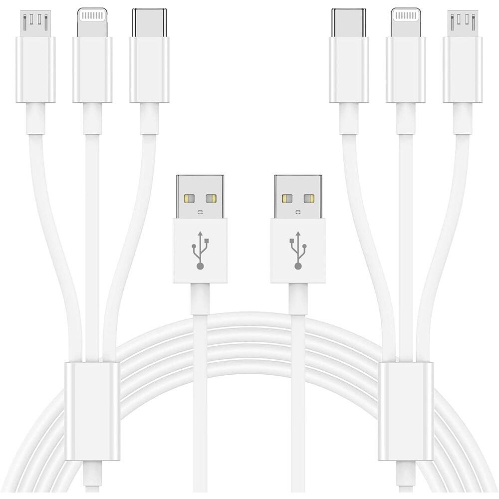 Front. PARKER SLATER - 3 in 1 multi charger cable, 6ft USB-A to Lightning, Type-C, Micro USB cord for phones and tablets. - White.