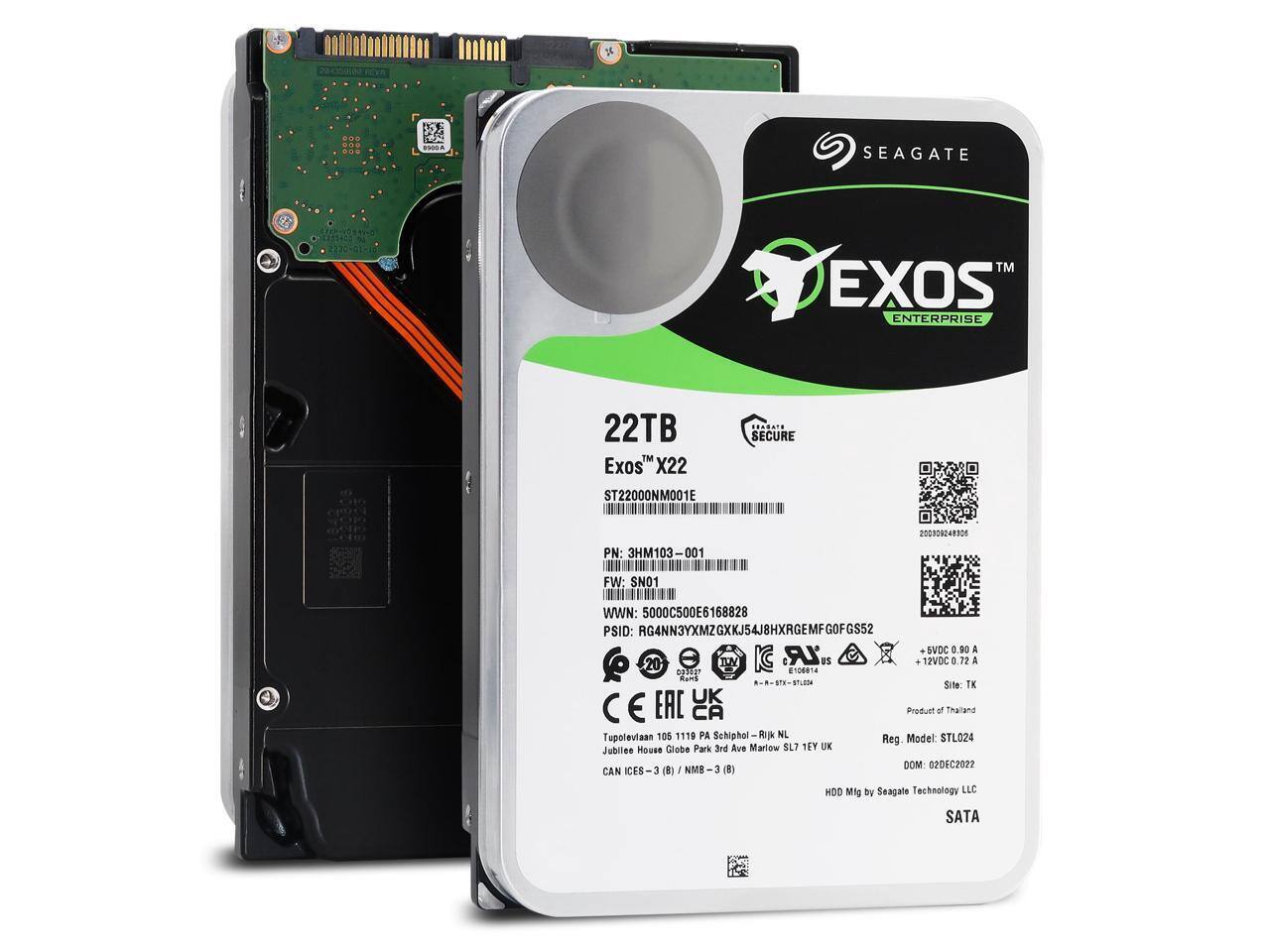 Sure, here is the corrected and grouped text from the image:

---

**Seagate Exos™ Enterprise**

**22TB**  
Exos™ X22  
ST22000NM001E

**Secure**  
PN: 3HM103-001  
FW: SN01  
WWN: 5000C500E6168828  
PSID: RG4NN3YXMZGXKJ54J8HXRGEMFGOFGS52  
SVDC 0.90 A  
20 e TUY LR a5 12VDC O 72 A an 1068 Bans

**Site:** TE UK EAC CA  
Product of Thailand  
Tupolevlaan 105 1118 PA Schiphol RIA NL  
Model: STL024  
Reg House Globe Park 3rd Ave Marlow SL7 TEY UK  
Jubilee DOM 0206C2022 CAN ICES-3 () NMB- 8) HDD

**Mfg by Seagate Technology LLC**  
SATA

---

**Se