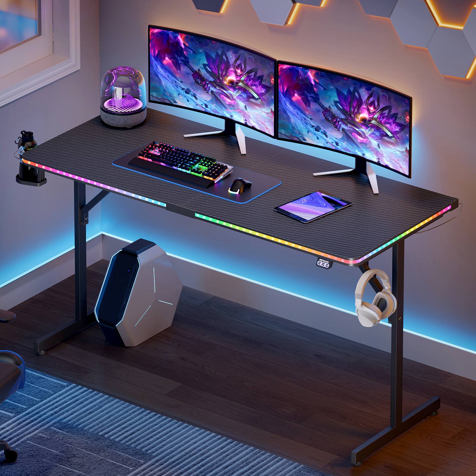 Angle. RSPGAME - 55 Inch Gaming Desk with Sound-Reactive Light, Computer Desk with Holder and Hook, PC Gaming Table for Home Office - Black.