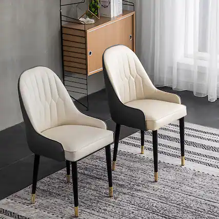 Front. POVISON - Modern Dining Chair With PU Leather (Set of 8),Black & Beige Chair, Metal Legs - Gray & Beige PU Leather.
