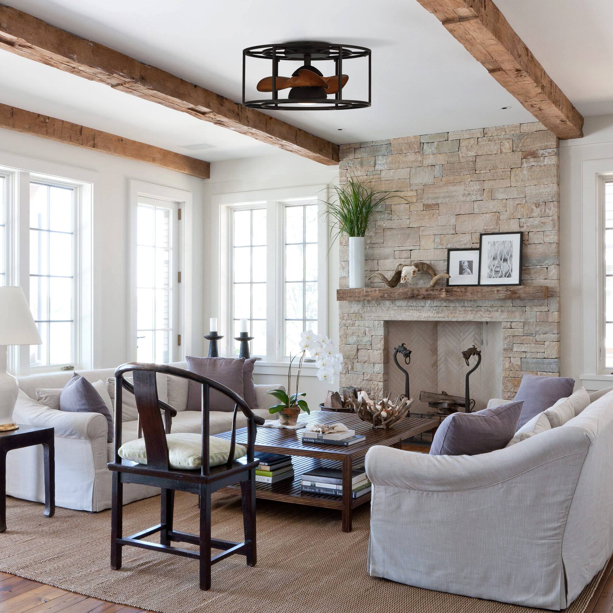 Angle. Parrot Uncle - 20" Industrial Metal Caged Low Profile Ceiling Fan with Light - Matte Black.