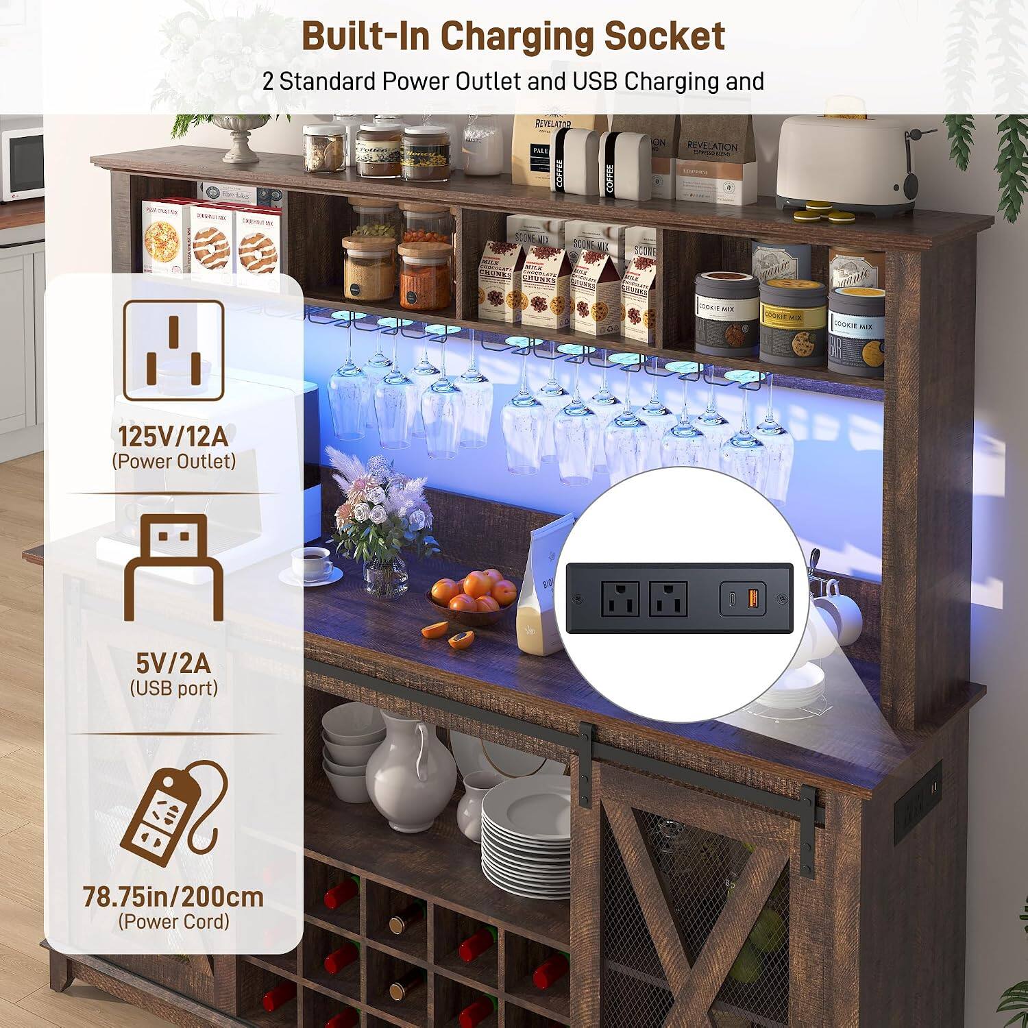 Built-In Charging Socket  
2 Standard Power Outlet and USB Charging and  

125V/12A (Power Outlet)  
5V/2A (USB port)  
78.75in/200cm (Power Cord)