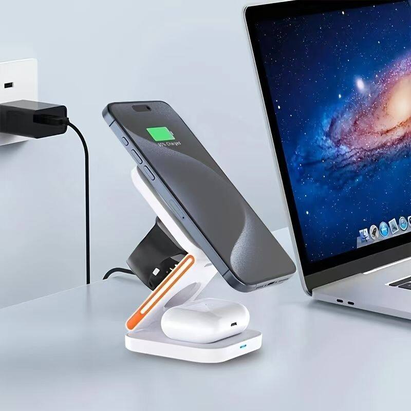 Alt View 2. Cluzine - Magnetic Foldable 3-in-1 Wireless Charging Station, 15W Fast Charger for iPhone, 5W for iWatch & Earbuds.