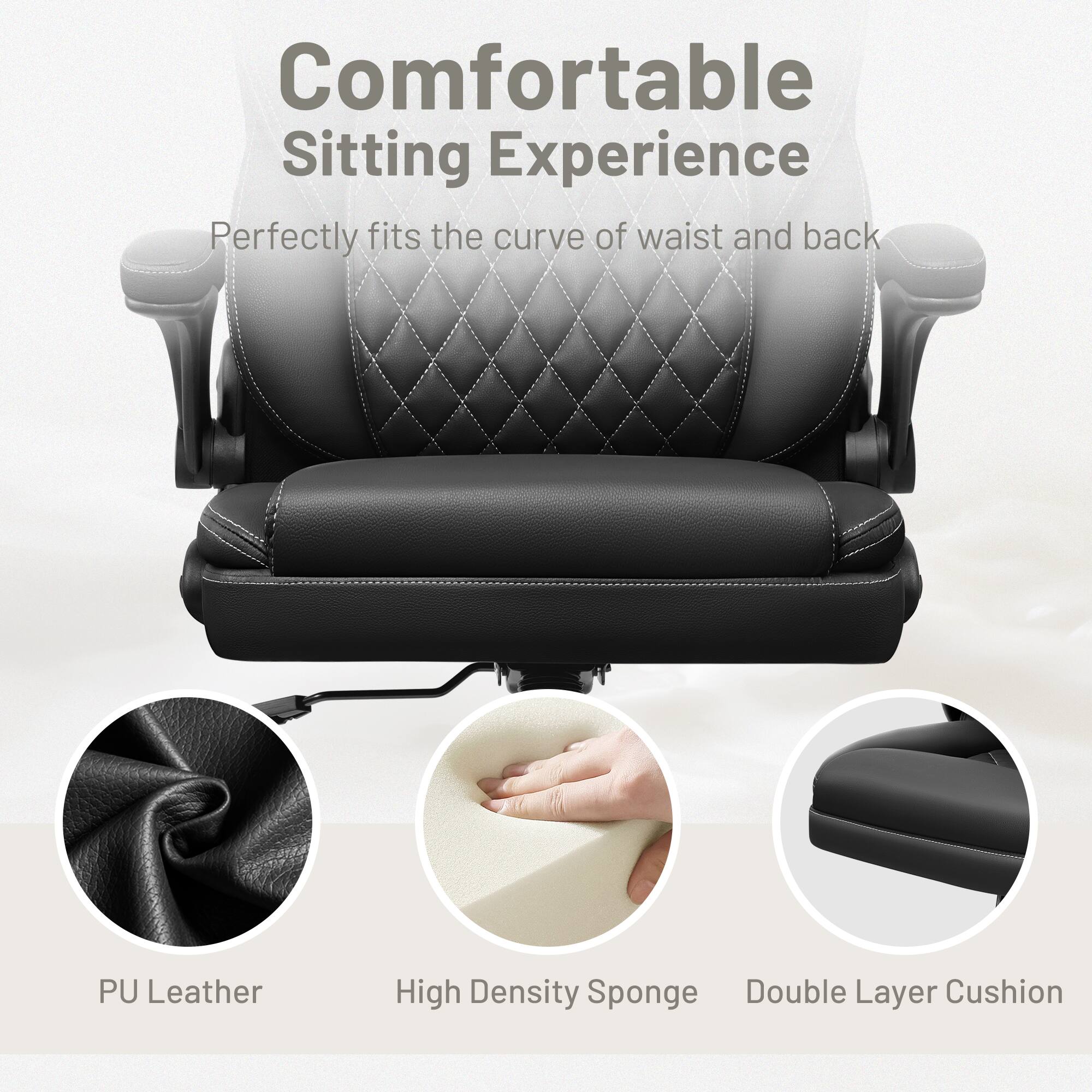 Comfortable Sitting Experience  
Perfectly fits the curve of waist and back  
PU Leather  
High Density Sponge  
Double Layer Cushion