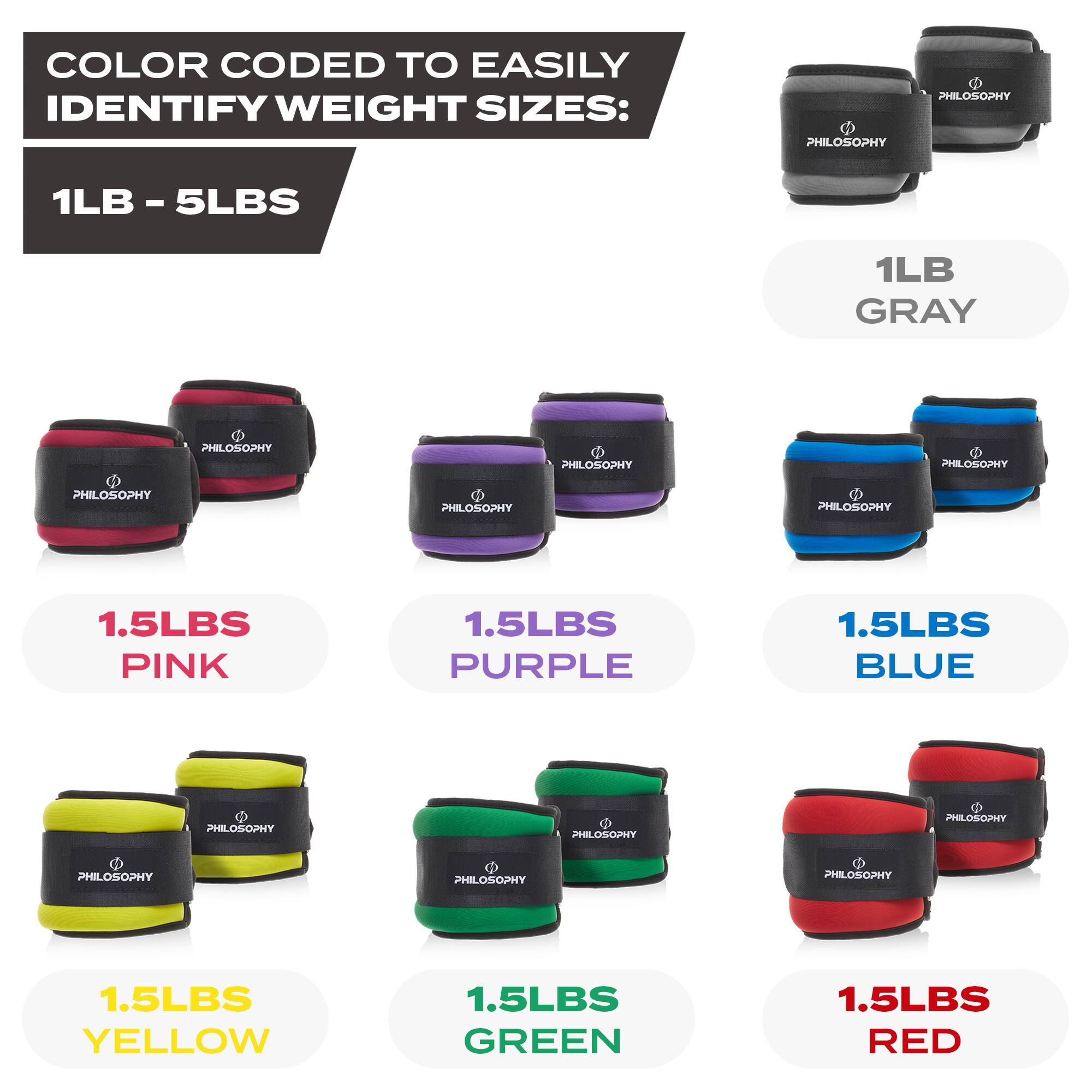 COLOR CODED TO EASILY IDENTIFY WEIGHT SIZES:

1LB - 5LBS

1LB GRAY

1.5LBS PINK

1.5LBS PURPLE

1.5LBS BLUE

1.5LBS YELLOW

1.5LBS GREEN

1.5LBS RED
