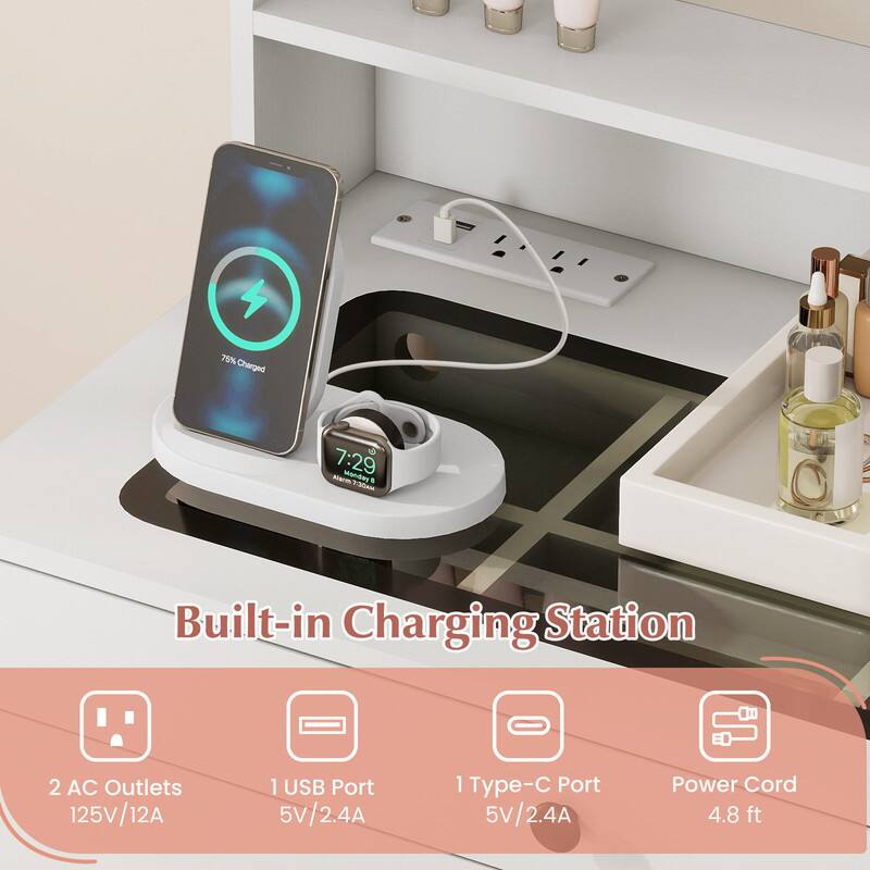 75% Charged  
7:29 Alarm Monday  
Built-in Charging Station  
2 AC Outlets 125V/12A  
1 USB Port 5V/2.4A  
1 Type-C Port 5V/2.4A  
Power Cord 4.8 ft